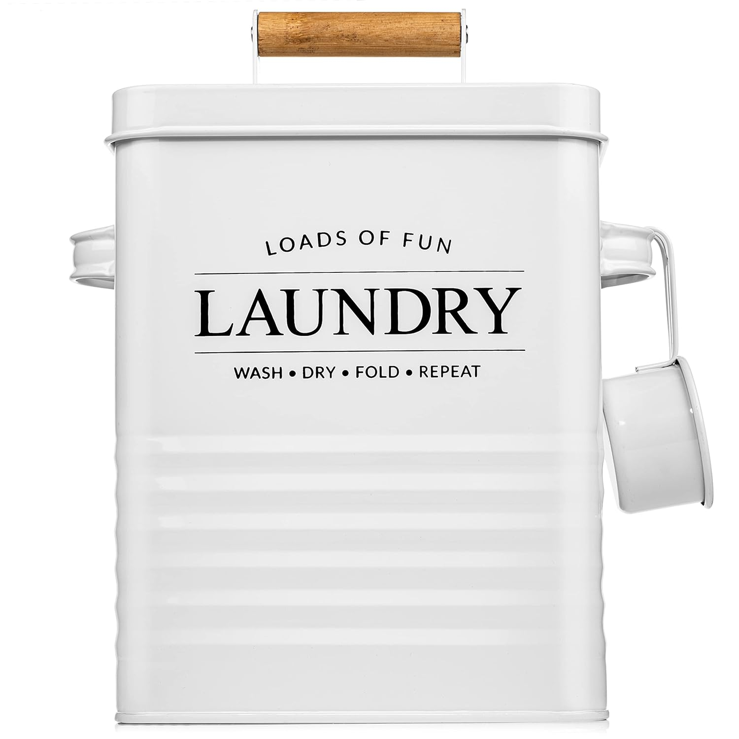 Calindiana Modern Farmhouse Metal Laundry Soap Dispenser with Scoop for Decor and Space Saving Organization, White