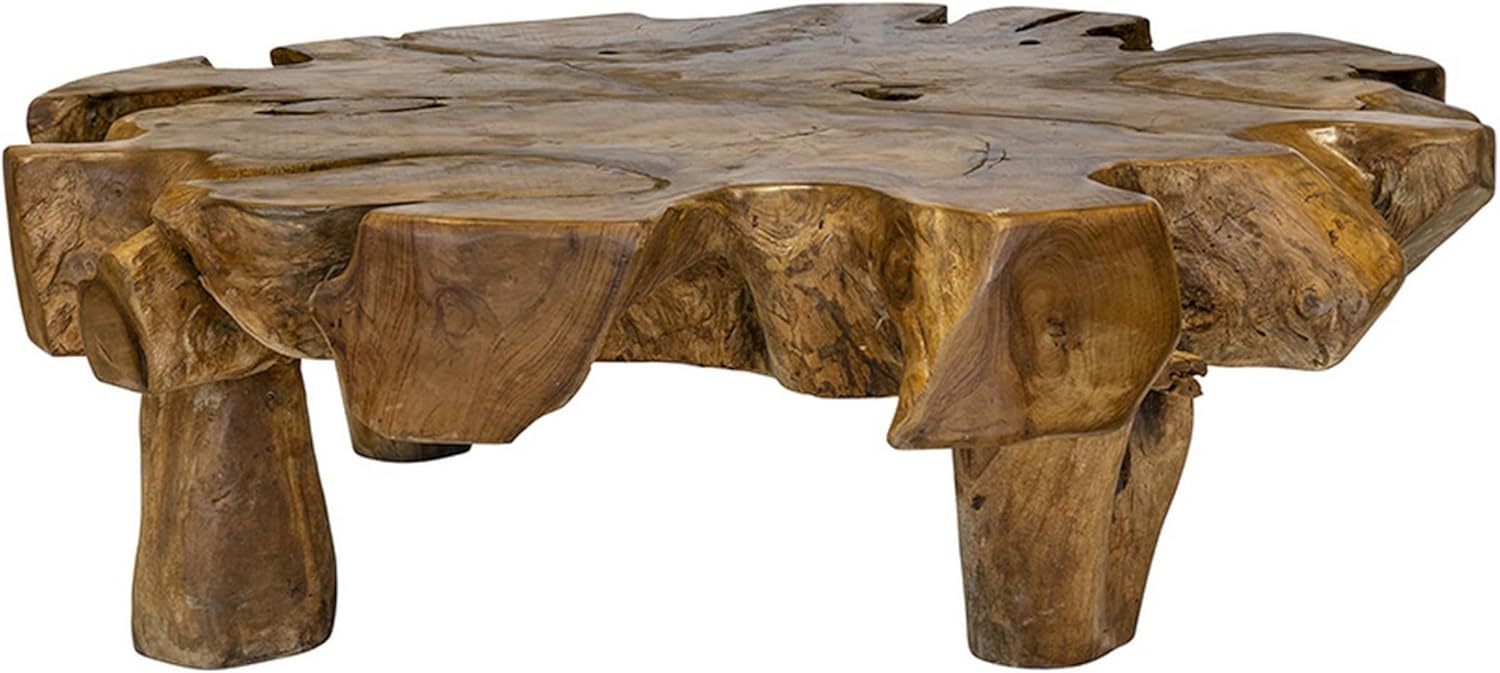 Benjara 47 Inch Coffee Table, Teak Root Frame, Natural Wood Grains, Classic Brown