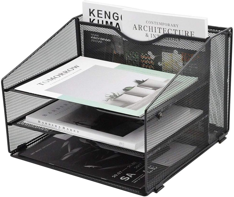 EASEPRES Mesh Desktop File Organizer, Document Mail Desk Folder Holder with 3 Paper Letter Tray and 1 Vertical Upright Compartment for Office Supplies, Desk Accessories & Workspace, Black