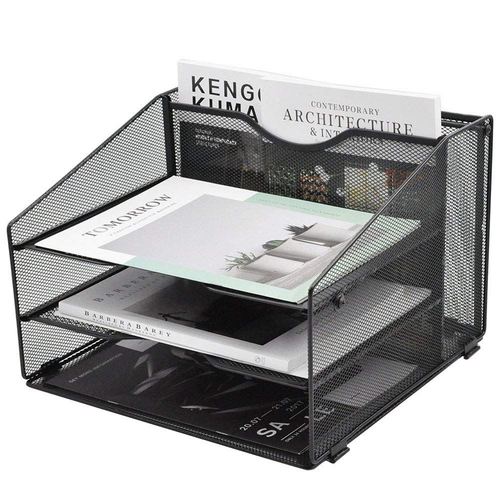 EASEPRES Mesh Desktop File Organizer, Document Mail Desk Folder Holder with 3 Paper Letter Tray and 1 Vertical Upright Compartment for Office Supplies, Desk Accessories & Workspace, Black