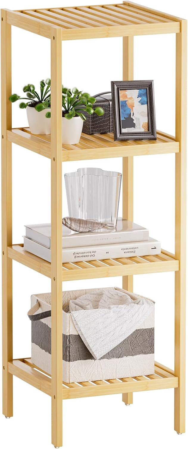 4-Tier Bamboo Bathroom Shelf, Narrow Shelving Unit, Multifunctional Storage Rack, Corner Rack, for Kitchen, Living Room, Bedroom, Entryway, Bathroom, Natural UBCB54Y