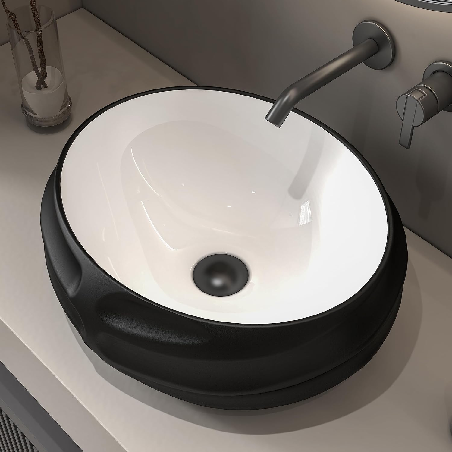 MEJE 18 Inch Oval Art Basin with Embossed Pattern, Matte Black Color, Countertop Bathroom Vessel Sink, Above Counter Porcelain Ceramic Vanity Sink (Include pop up drain)