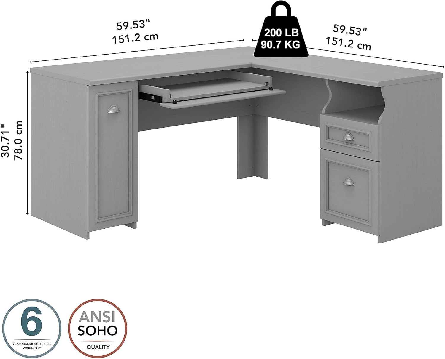 Bush Furniture Fairview 60W L Shaped Desk with Drawers and Storage Cabinet, Gray