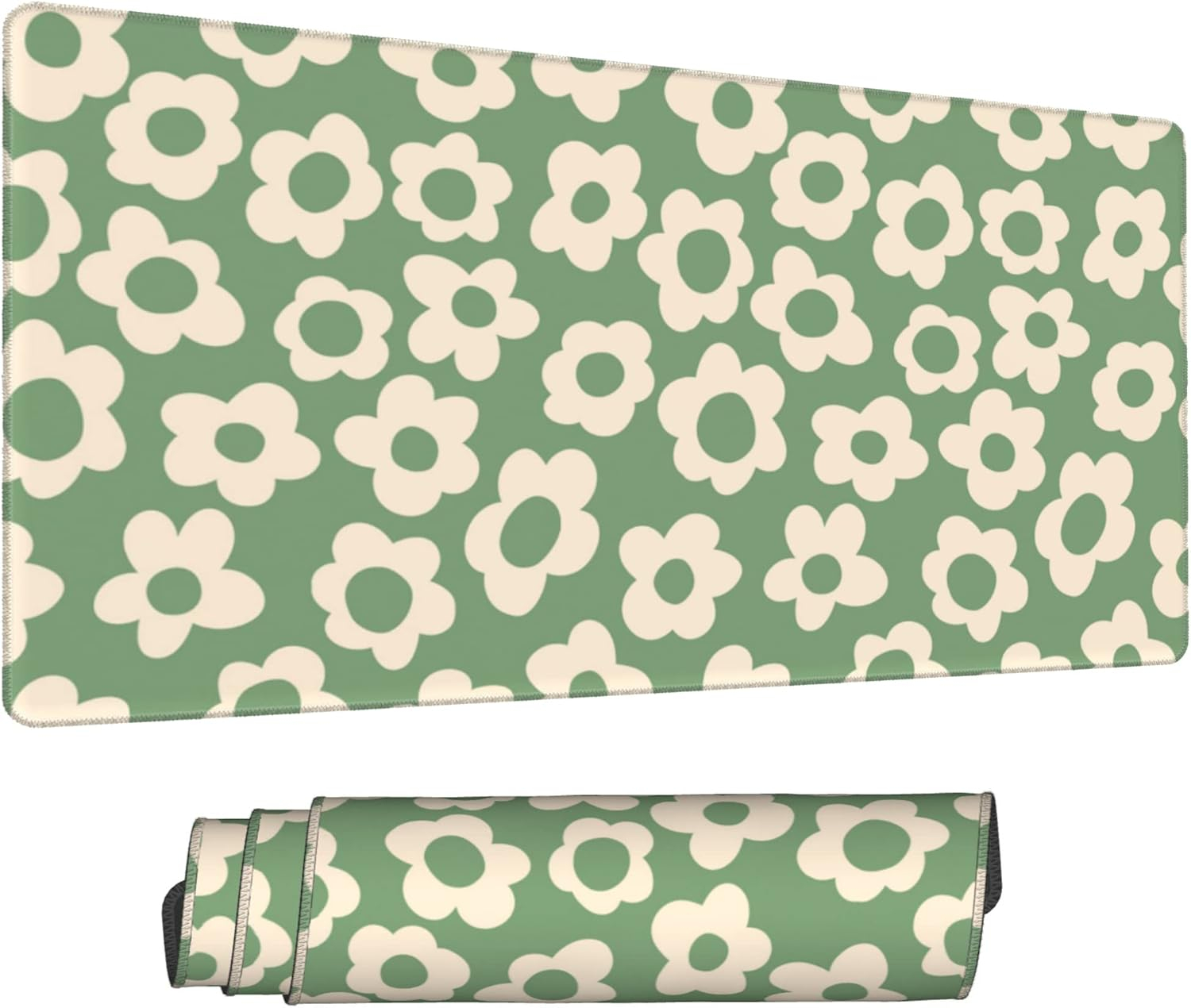 Vintage Groovy Green Flowers Gaming Mouse Pad,Extended Large Mouse Mat Desk Pad,Big Computer Keyboard Desk Pad,Stitched Edges Mousepad,3mm Thick Long Non-Slip Rubber Base Mice Pad, 31.5 X 11.8 Inch