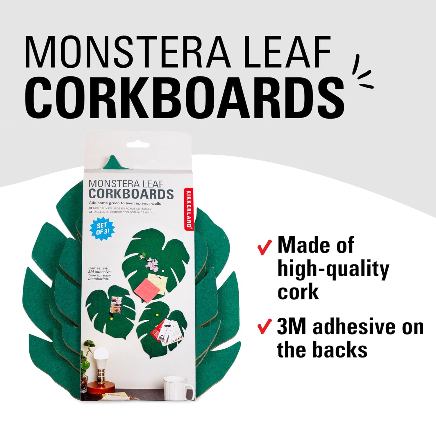 Green Monstera Leaf Cork Bulletin Boards, Set of 3