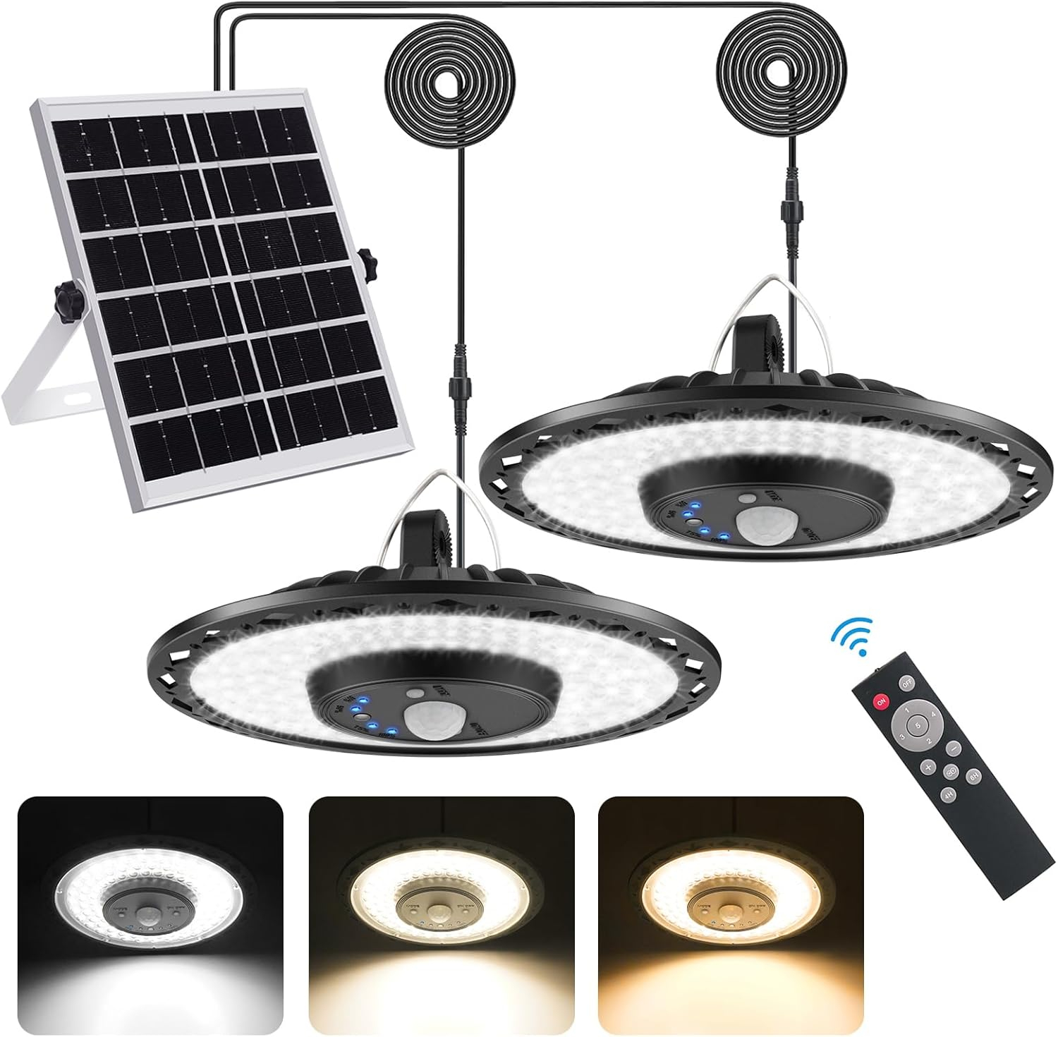 Auzev Solar Lights Indoor Outdoor 3000LM Solar Powered Shed Light with Switch, Remote, Timer, 3 CCT IP65 Waterproof Pendant for Barn Gazebo Garage Shop Interior Home, Daytime Available