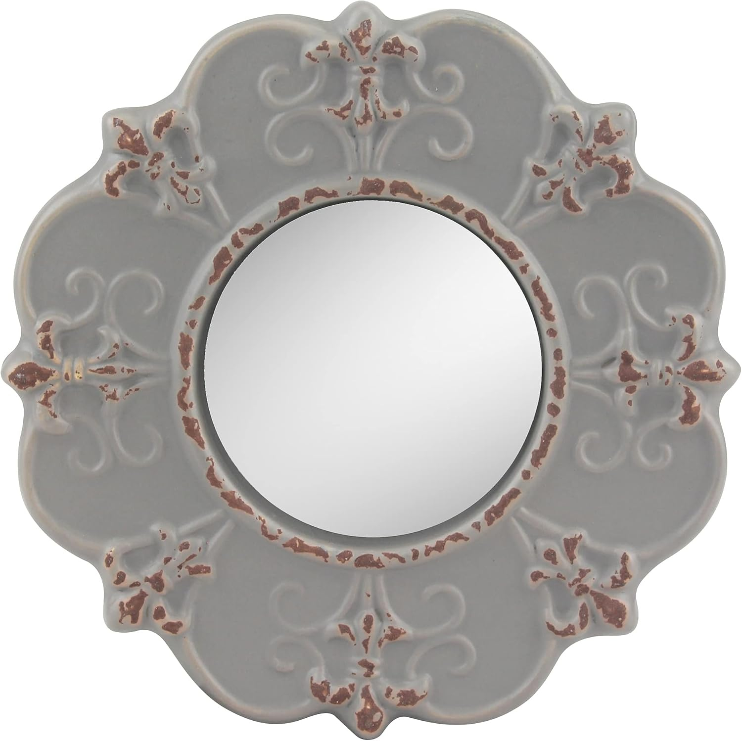 Stonebriar 8" Round Light Gray Ceramic Accent Wall Mirror with Attached Hanging Loop, Decorative Vintage Decor for the Living Room, Bedroom, Hallway, and Entryway