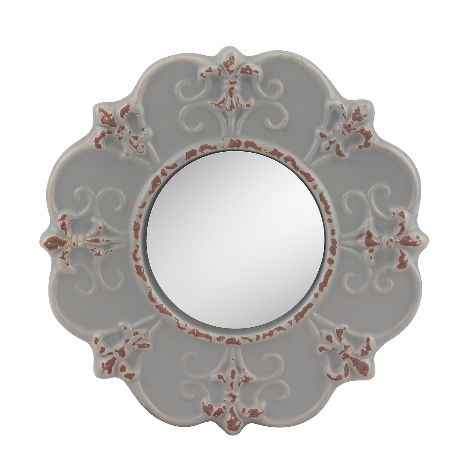 Stonebriar 8" Round Light Gray Ceramic Accent Wall Mirror with Attached Hanging Loop, Decorative Vintage Decor for the Living Room, Bedroom, Hallway, and Entryway