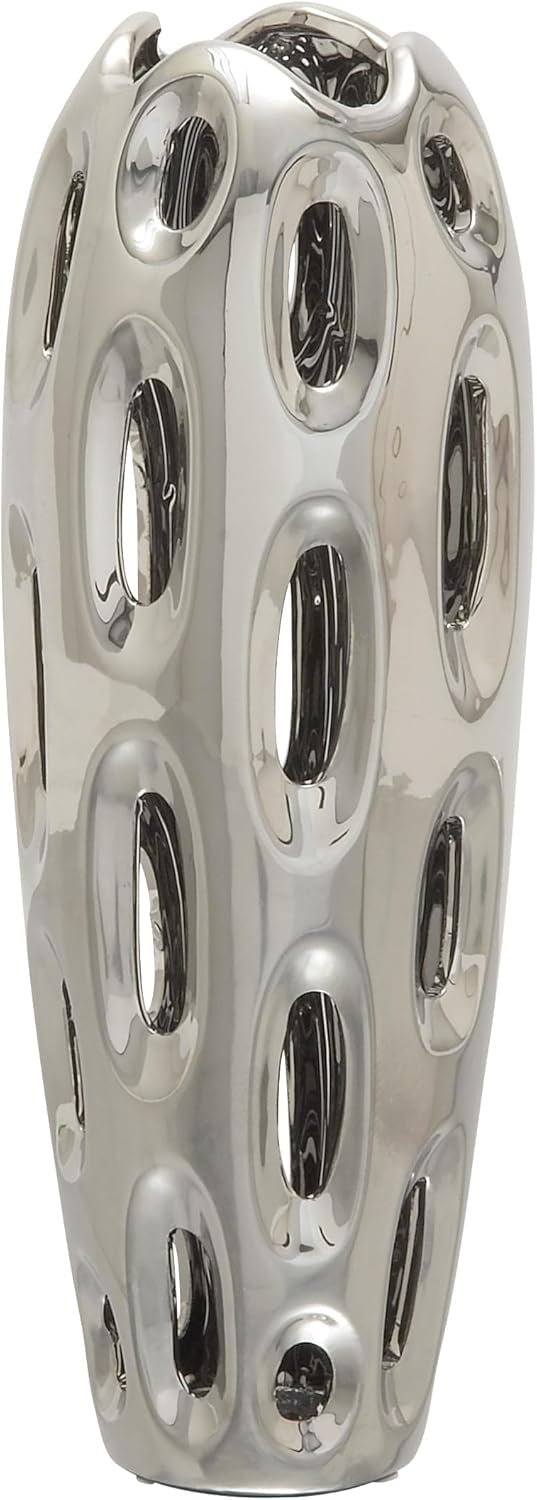 DecMode 16" Silver Ceramic Vase with Cut Out Designs