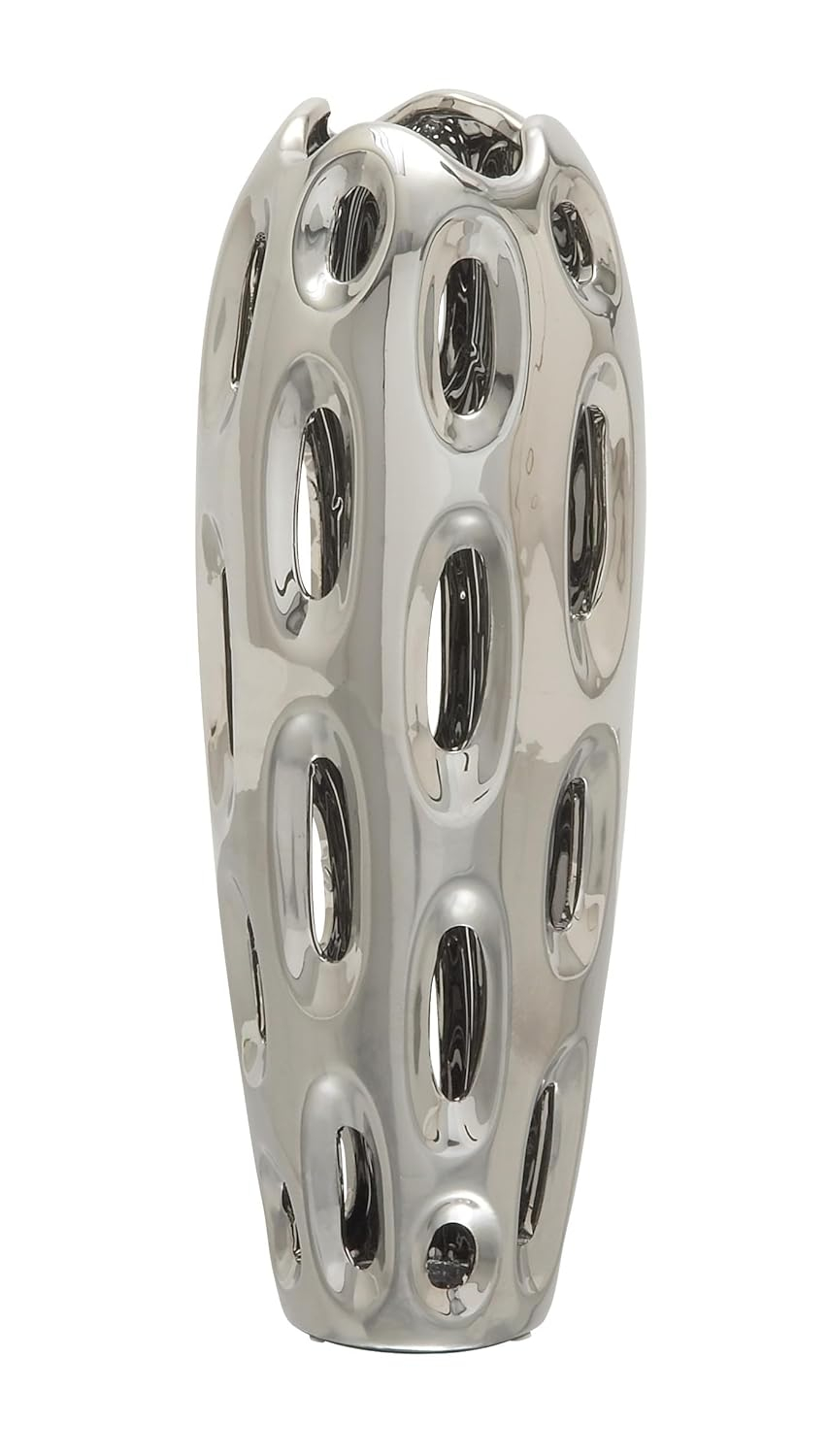 DecMode 16" Silver Ceramic Vase with Cut Out Designs