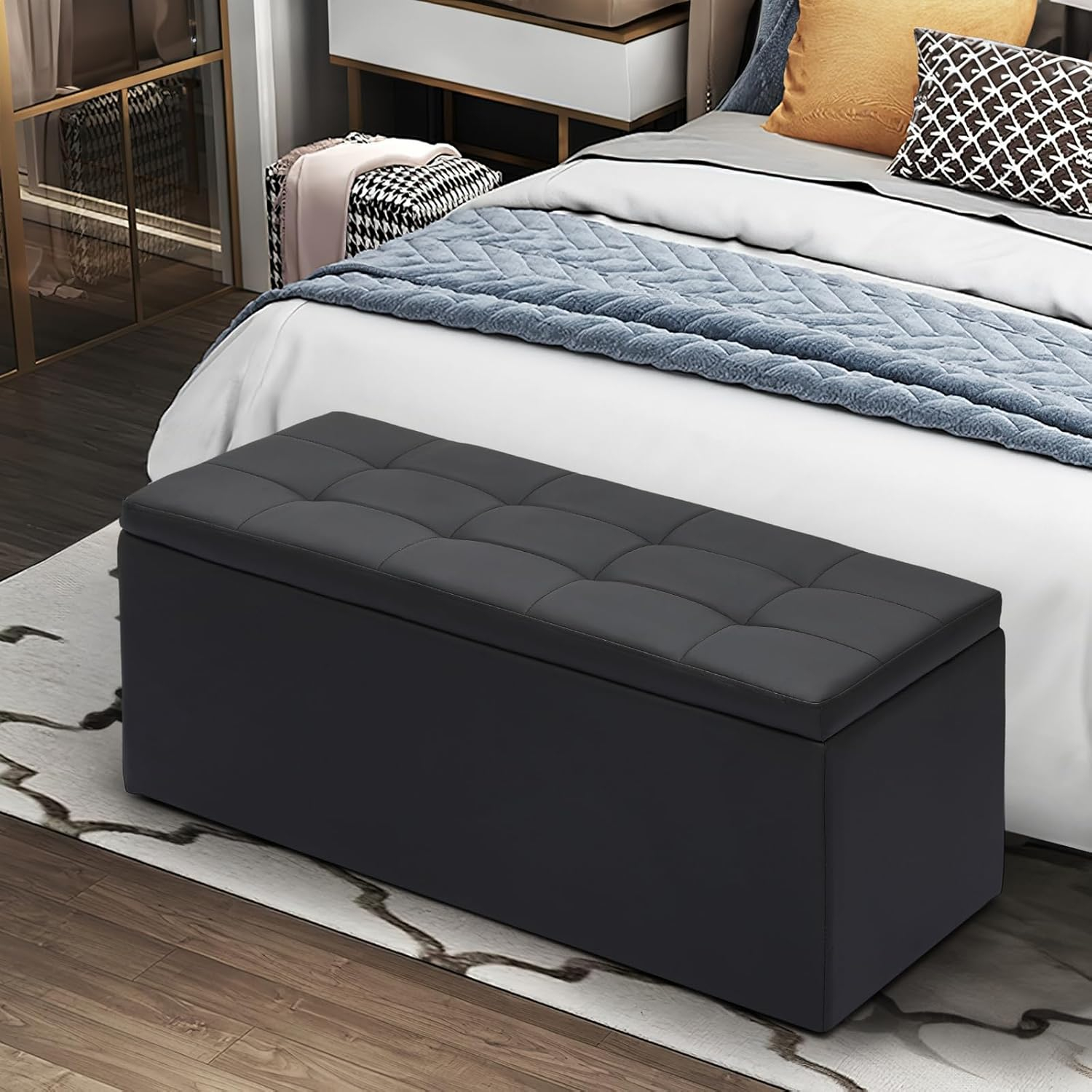 Magshion Rectangular Storage Ottoman Bench Tufted Footrest with Cube Ottomans Set of 3 PU Leather Black