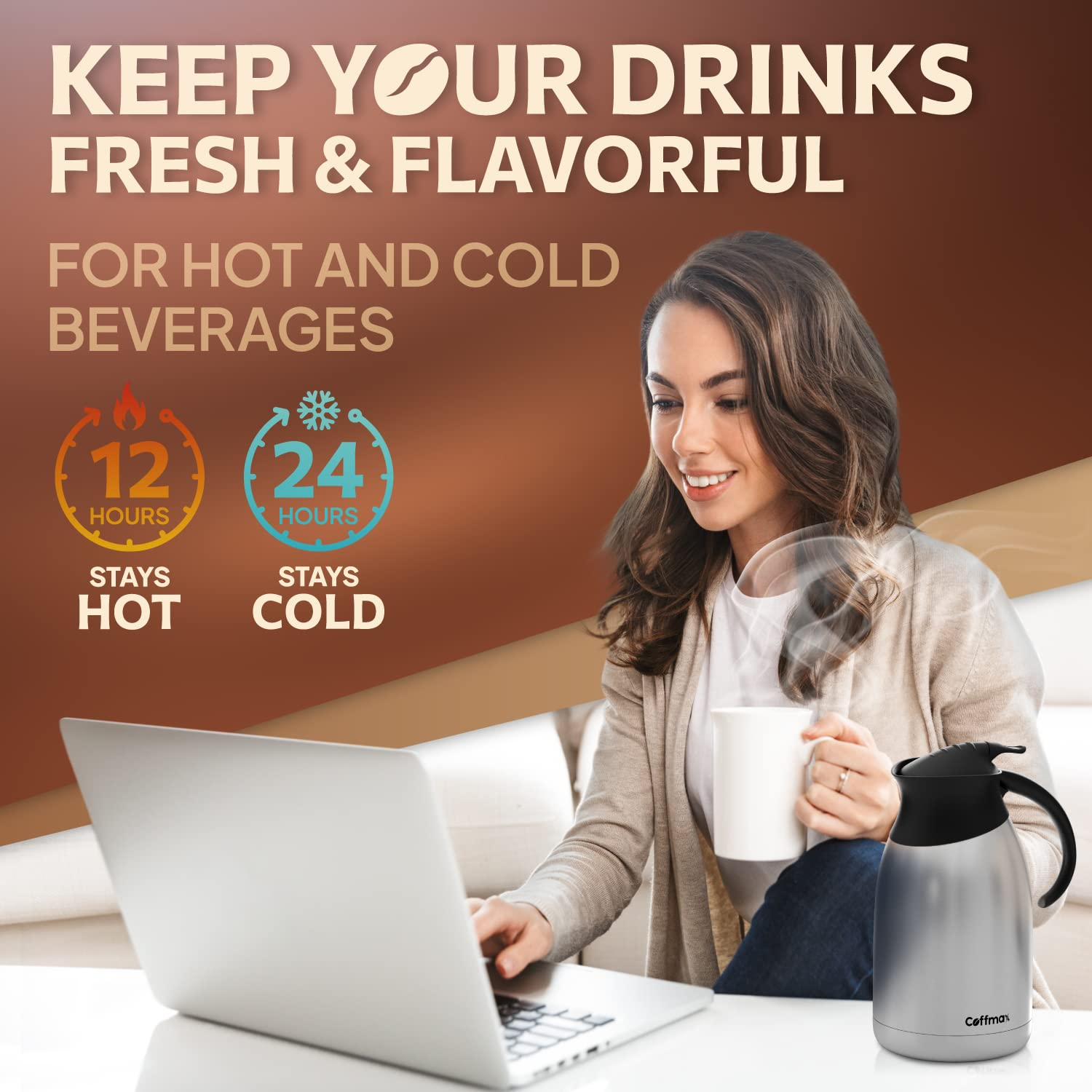 Insulated Thermal Coffee Carafe Pitcher 68 Oz - Double Walled Vacuum Thermos Butler Server – Large Coffee Carafe for Keeping Hot Beverage by Coffmax