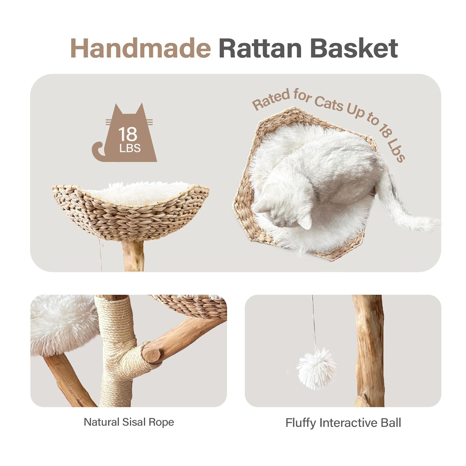 Injollylives Modern Cat Tree Tower, Wooden Cat Tower, Heavy Duty Cat Trees for Large Cats, Unique Handmade Aesthetic Cat Tree with Real Wood Branches, Luxury Boho Cat Furniture, Large