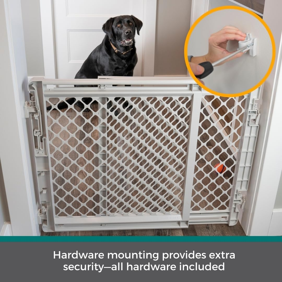Light Gray Plastic and Metal Swinging Pet Gate for Stairs and Doorways