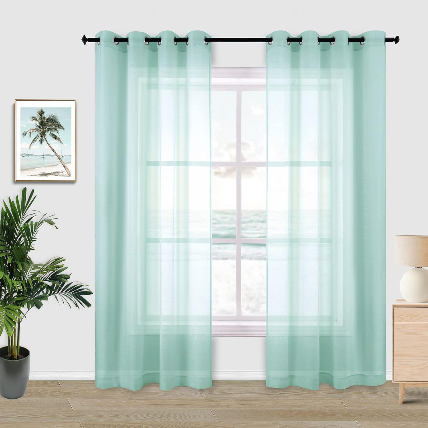 KOUFALL 96 Inch Seafoam Sheer Curtains Grommet 2 Panel Faux Linen Voile Drapes Semi Sheer Curtains for Living Room Bedroom 52 x 96 Inches Long Ocean Coastal Beach Themed Aqua Mint Light Green