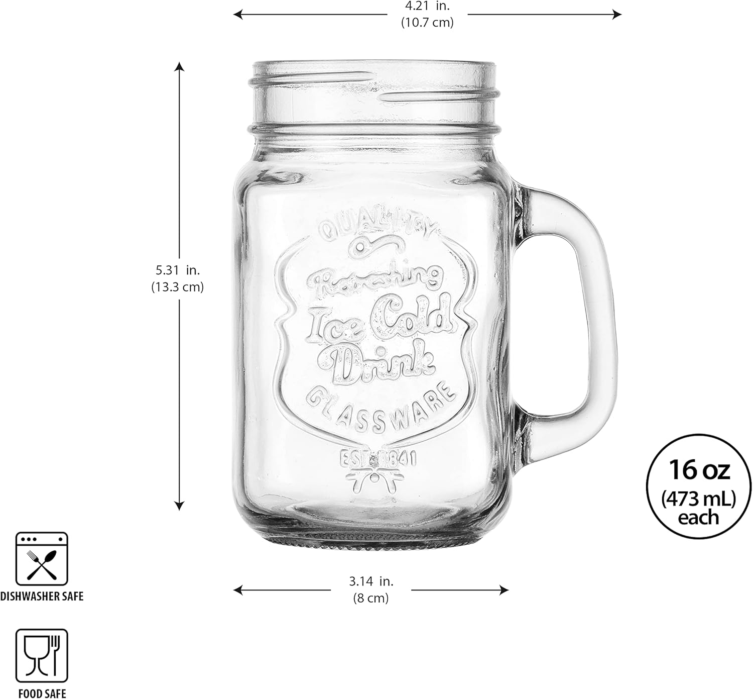 Glaver's Set of 10 Ice Cold 16 Oz. Mason Drinking Glasses With Handles. Quality Refreshing Ice Cold Embossed Logo Jars for Beverages, Cocktails, Shakes, Smoothies, Sodas, Juice.