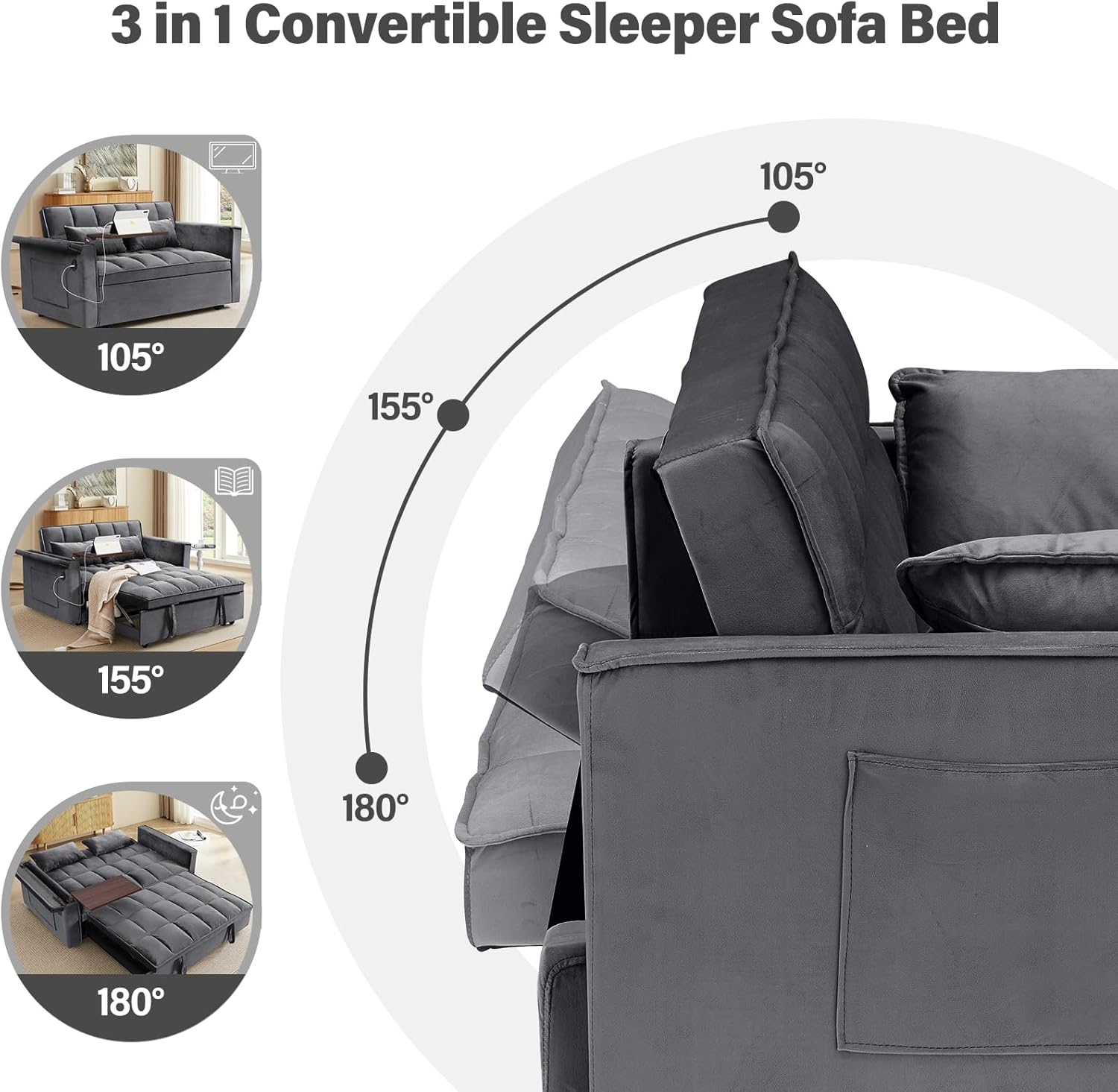 Convertible Sofa Bed,3-in-1 Velvet Sleeper Couch Pull-Out Bed,55'' Loveseat Sleeper Sofa Bed with Adjustable Backrest with Pillows and Storage Bag & USB Port and Hidden Side Computer Table,Dark Gray