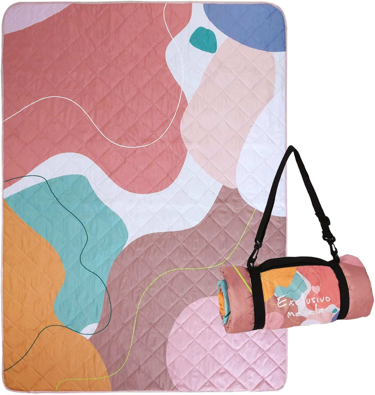 Exclusivo Mezcla Waterproof Picnic Blankets 3-Layer 60"x 80" Large Sandproof Beach Blanket Foldable Outdoor Blanket for Camping on Grass Picnic Mat, Abstract Pink