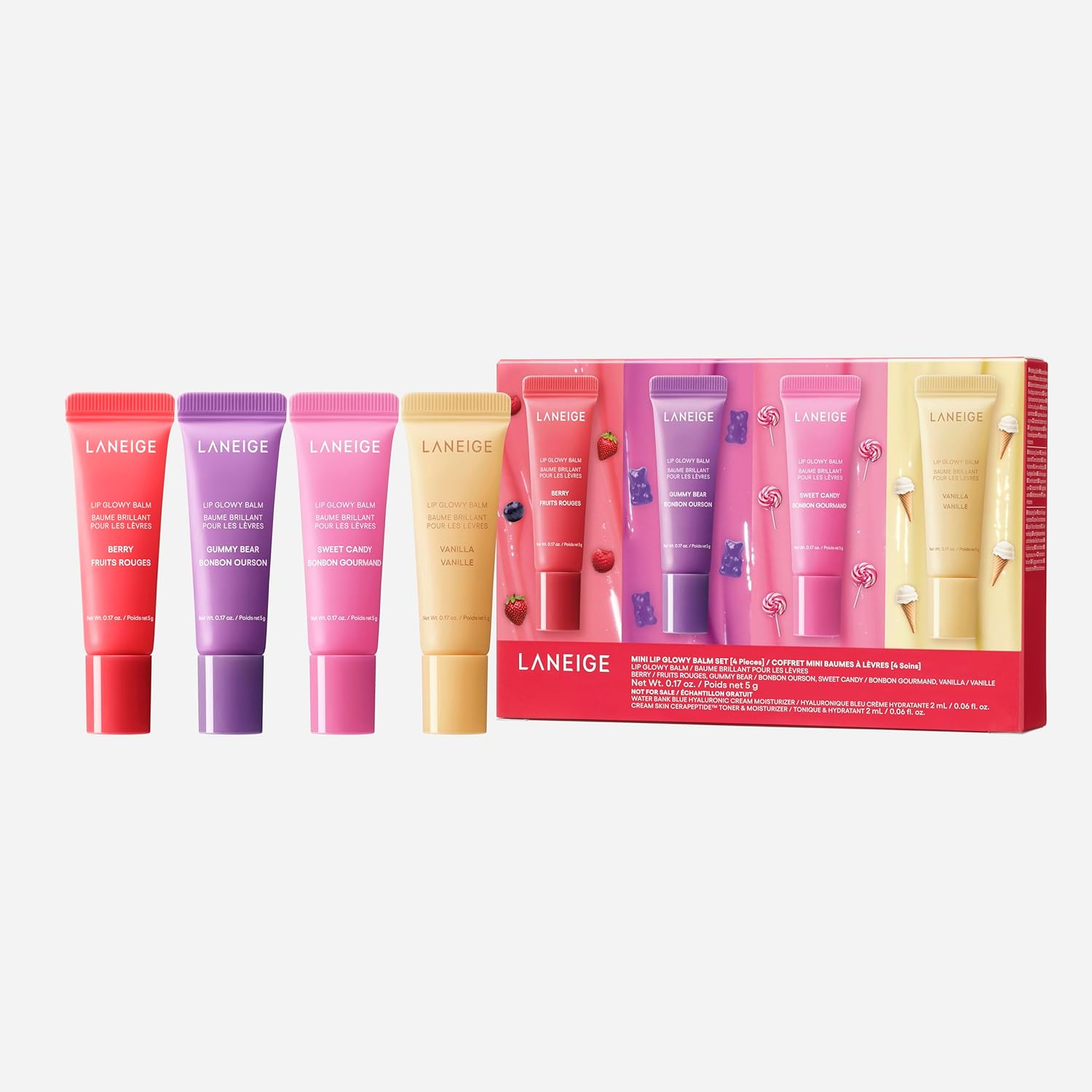 Mini Lip Glowy Balm Set with Berry, Gummy Bear, Sweet Candy, and Vanilla Flavors
