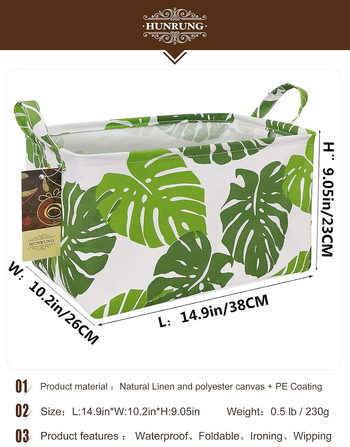 HUNRUNG Rectangle Storage Basket Cute Canvas Organizer Bin for Pet/Children Toys, Books, Clothes Perfect for Rooms/Playroom(Leaf)