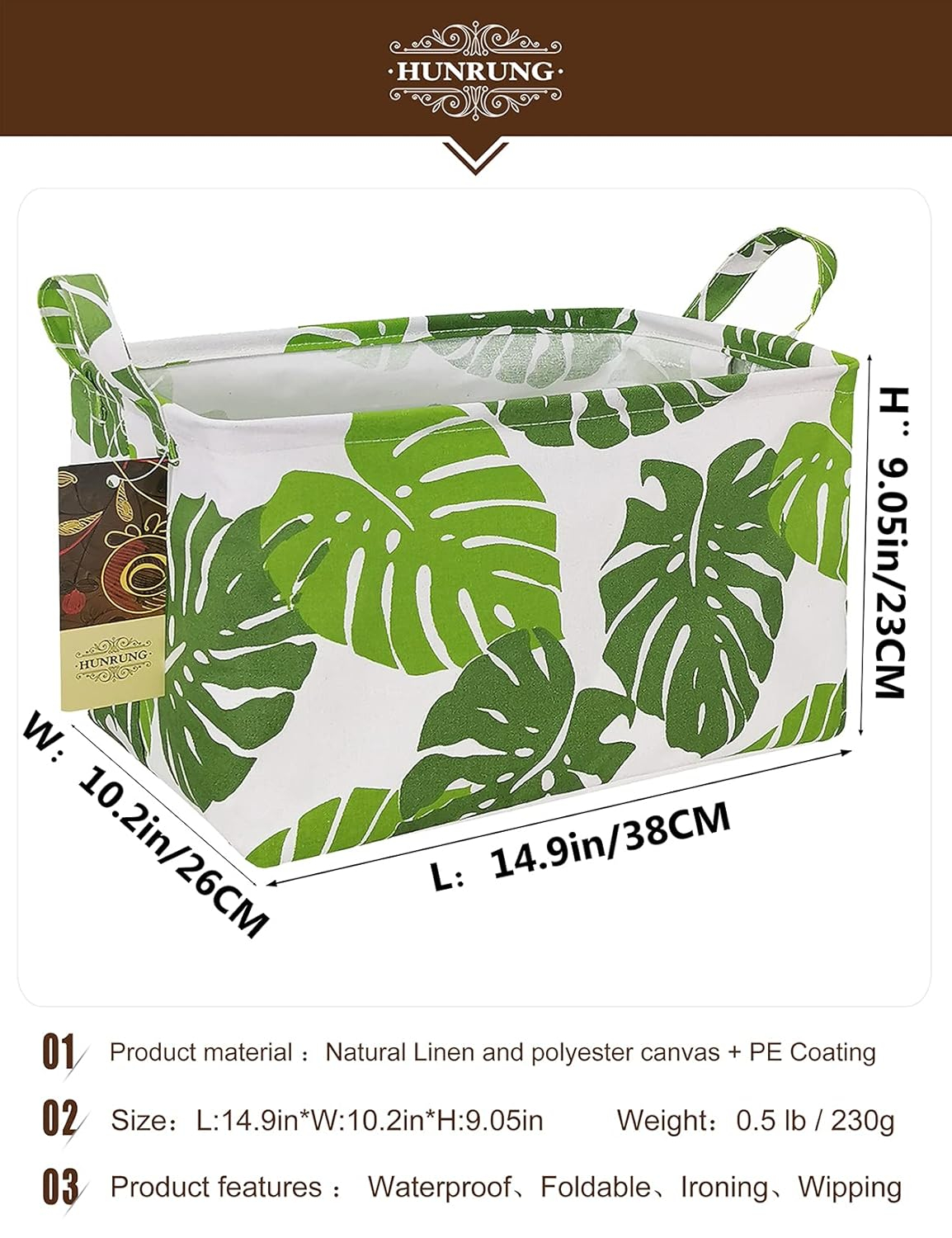 HUNRUNG Rectangle Storage Basket Cute Canvas Organizer Bin for Pet/Children Toys, Books, Clothes Perfect for Rooms/Playroom(Leaf)