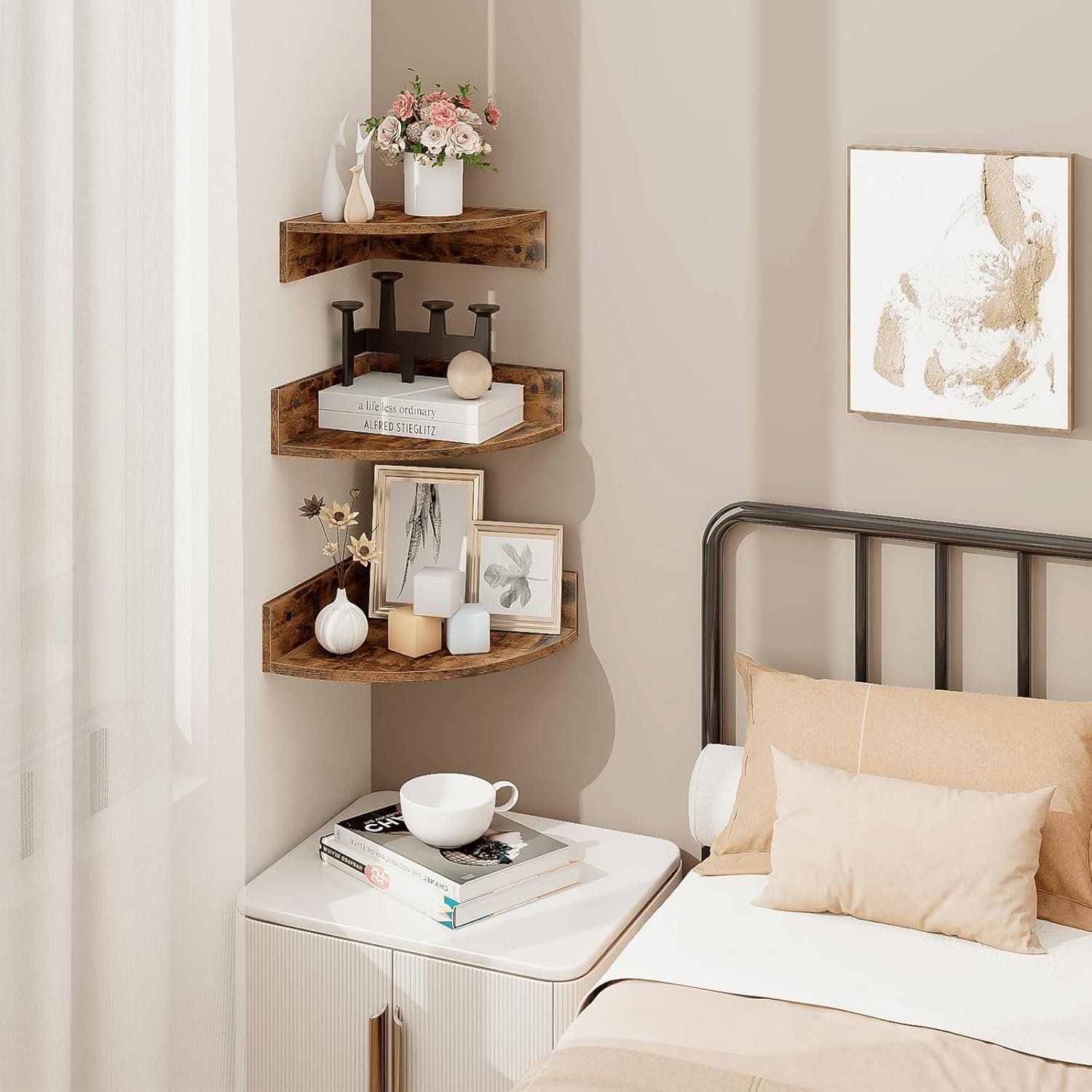 Homode Corner Shelf Wall Mount, Set of 3 Floating Corner Shelves with Cord Hole, 3 Tier Wood Wall Display Shelf, Storage for Bathroom Living Room Kitchen Bedroom, Rustic Brown and Black