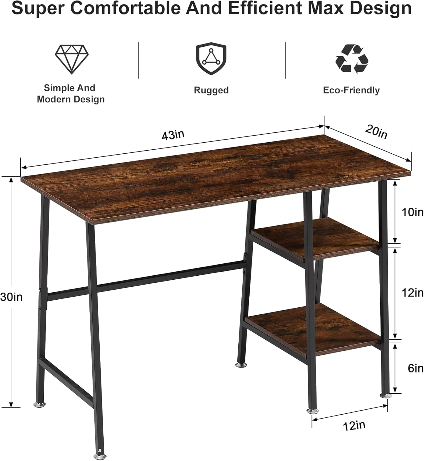 VECELO 43 Inch Computer Desk Writing Study Work Office Table Modern Desk with Shelves Wooden Desk for Home Bedroom,Walnut Desk