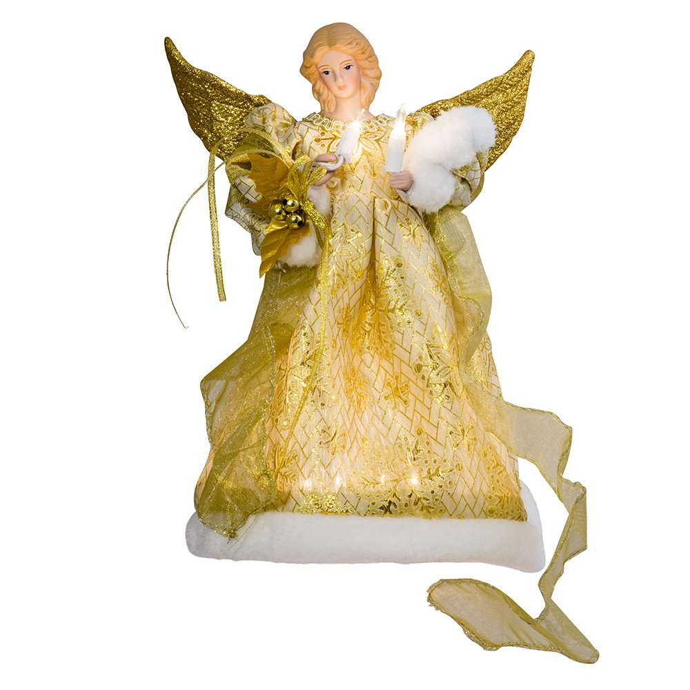 12-Inch Gold Porcelain Angel Tree Topper with Ribbon