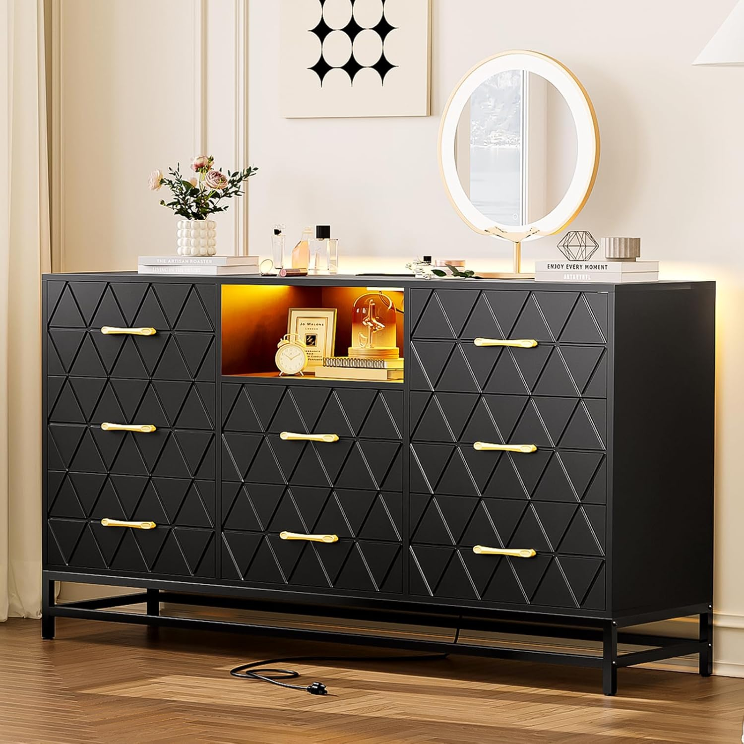 8 Deep Drawer Black Dresser for Bedroom with Charging Station and LED Lights, 59" TV Dresser Wooden Large Long Dresser, Modern Chest of Drawers Storage Organizer for Closet, Living Room