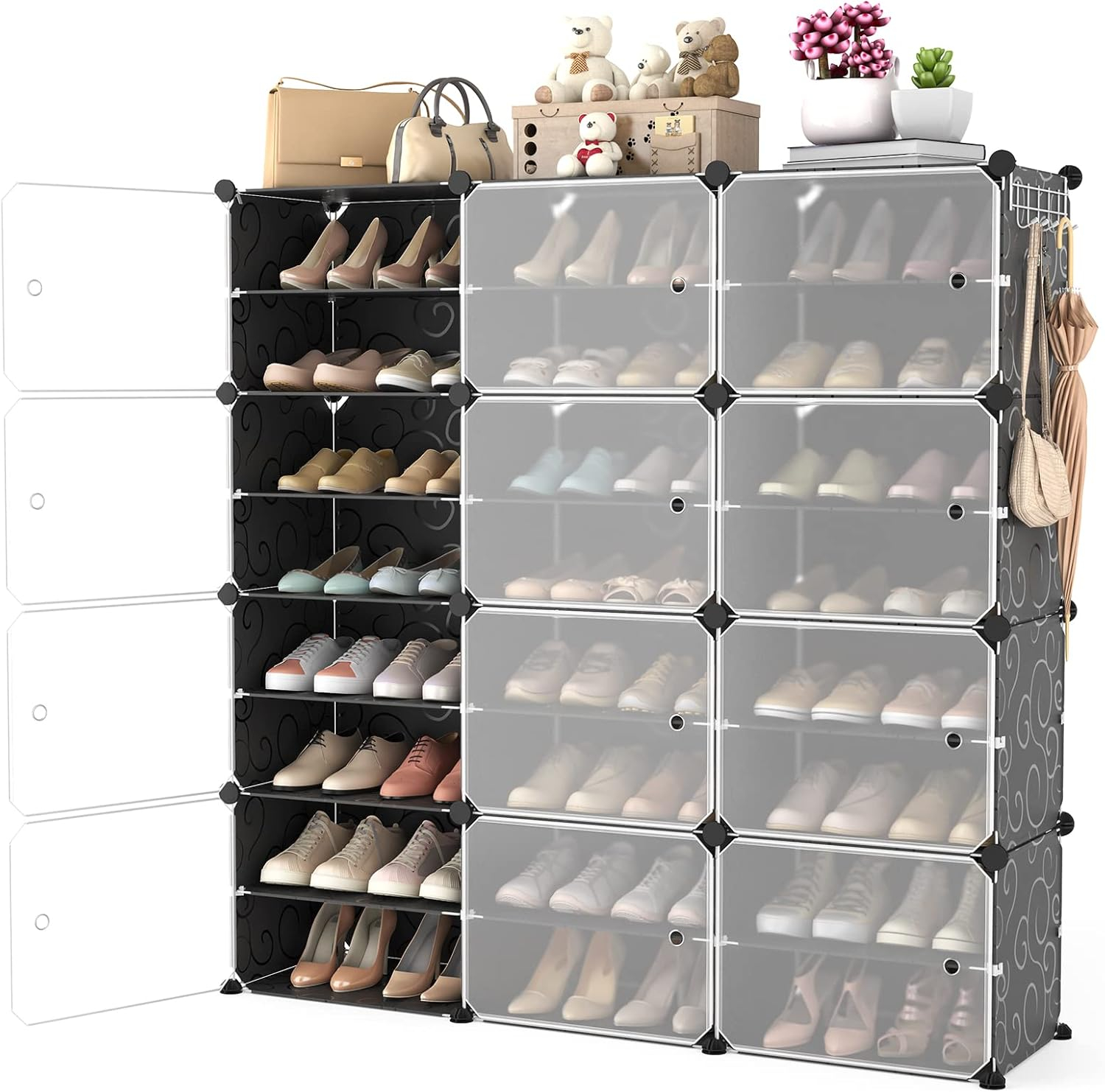 Shoe Rack Organizer with Door, 48 Pairs Shoe Storage Cabinet Easy Assembly, Plastic Stackable DIY