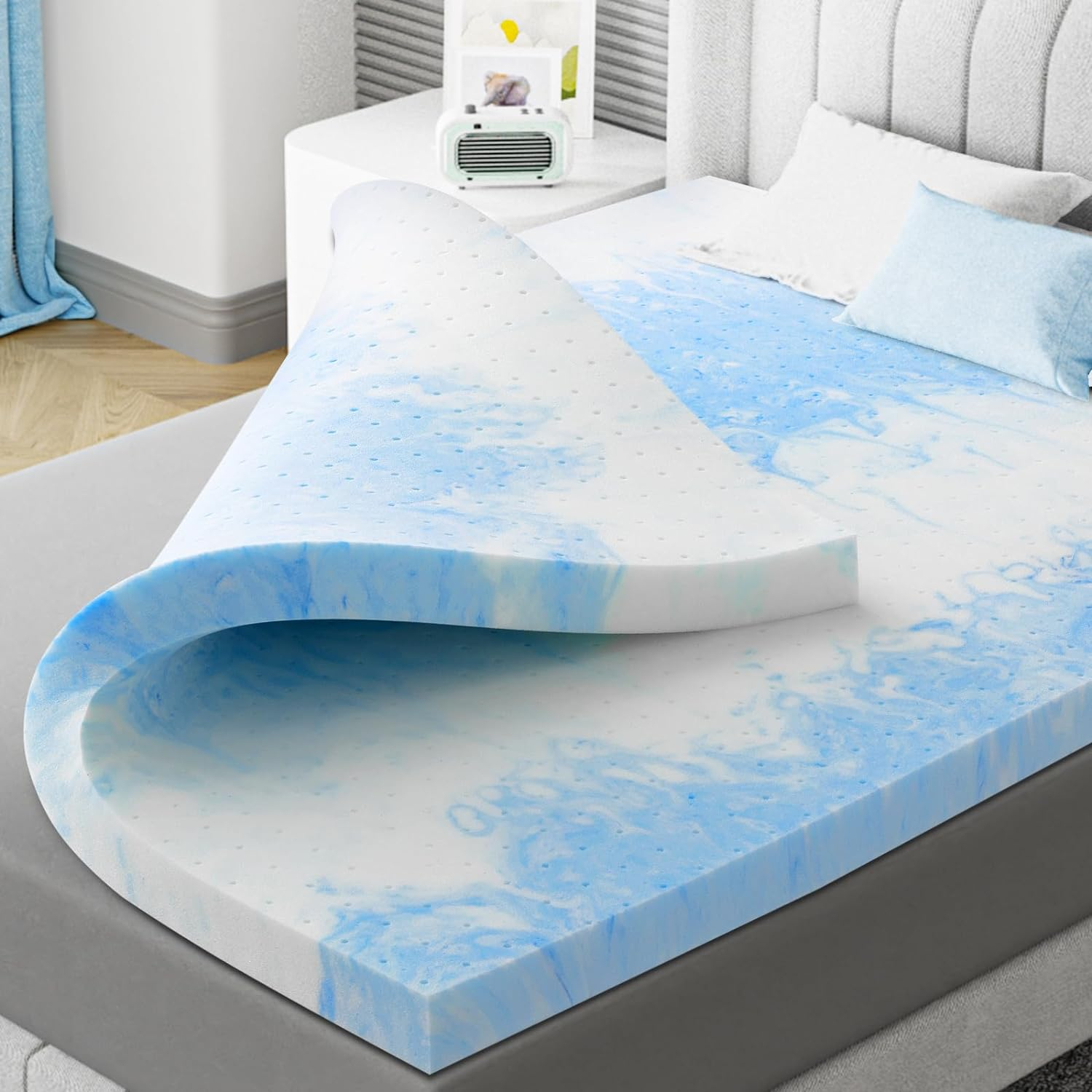 Memory Foam Mattress Topper Queen 3 Inch - Flexpedic Cooling Gel Foam Mattress Topper Queen Pad for Back Pain Relief - Ventilated and Breathable - CertiPUR-US Certified - Soft & Blue