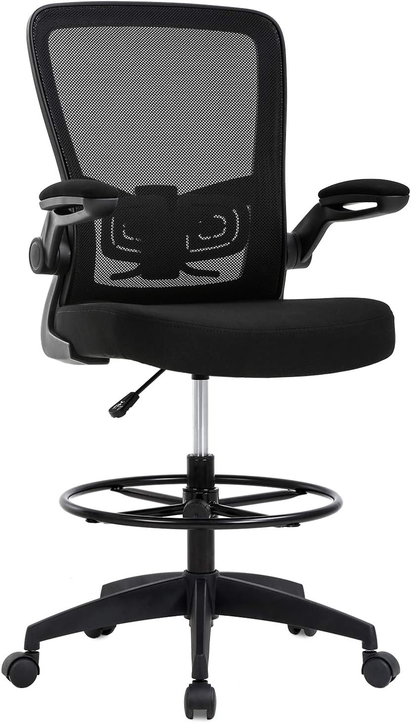 Drafting Chair Tall Office Chair Adjustable Height with Lumbar Support Flip Up Arms Footrest Mid Back Task Mesh Desk Chair Computer Chair Drafting Stool for Standing Desk, Black