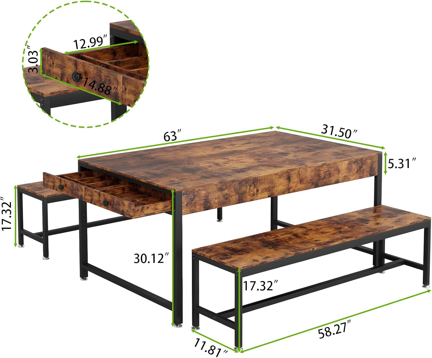 Zubie 63"Dining Table Set for 4-6, 3-Piece Kitchen Table with 2 Utensil Drawers,2 Benches&Wine Rack