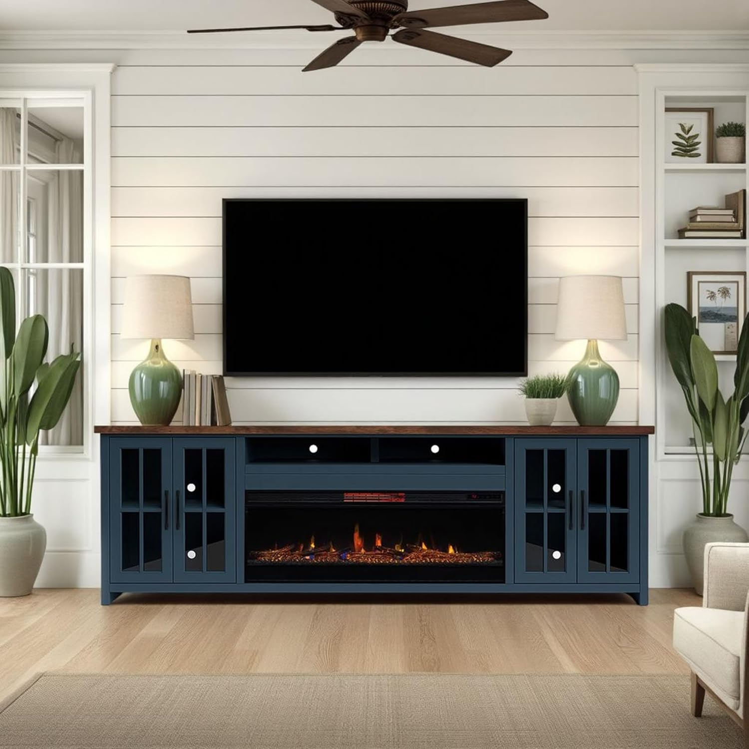 DeeHome Bridgevine Home Nantucket 97 inch Fireplace TV Stand Console for TVs up to 100 inches, Blue Denim and Whiskey Finish
