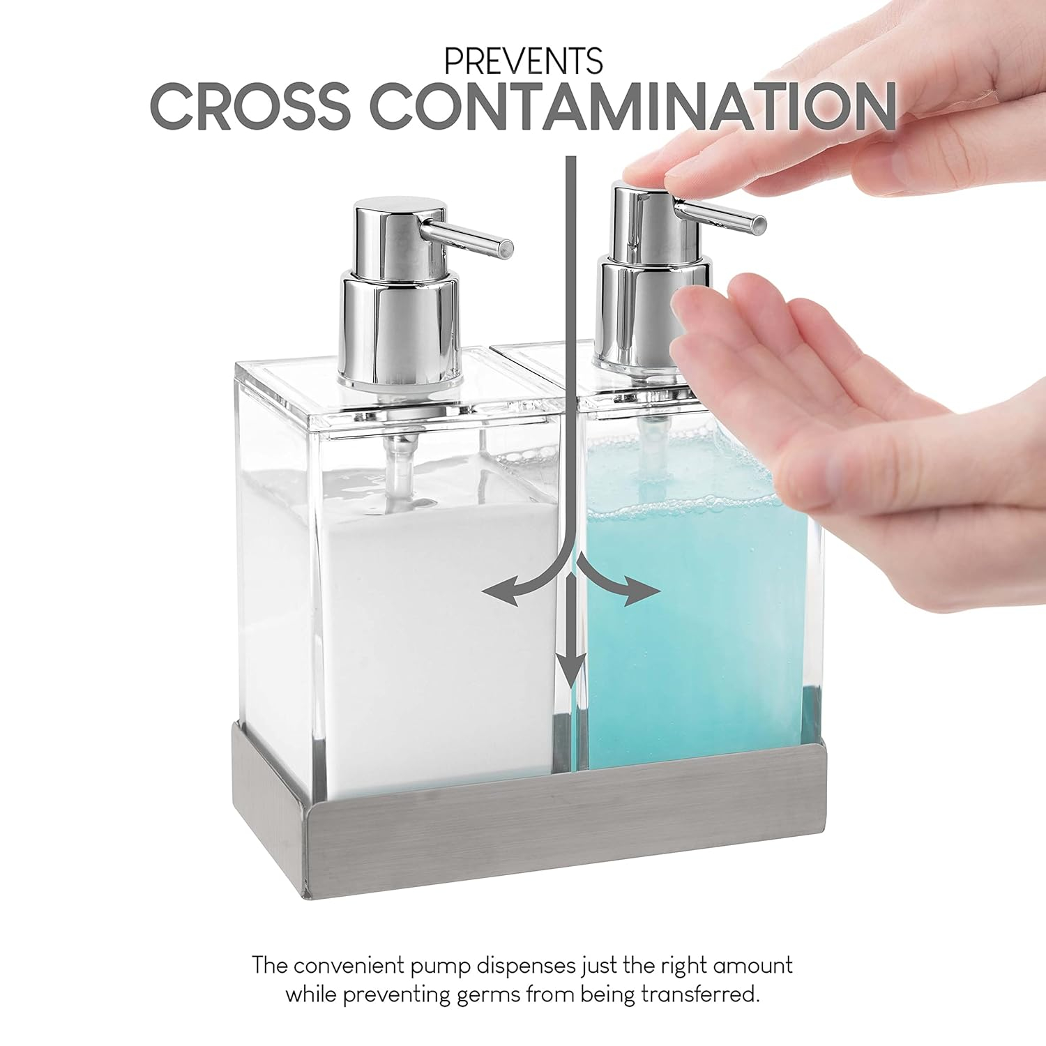 Modern Innovations Acrylic Twin Liquid Soap and Lotion Dispenser Set with Caddy - Double Soap Dispenser for Kitchen Sink - Clear Soap Dispenser for Bathroom, Shampoo, Conditioner, Body Wash