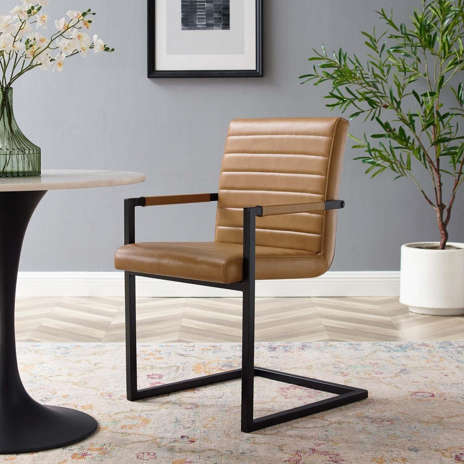 Modway Savoy 16.5" Faux Leather & Metal Dining Chairs in Tan/Black (Set of 2)