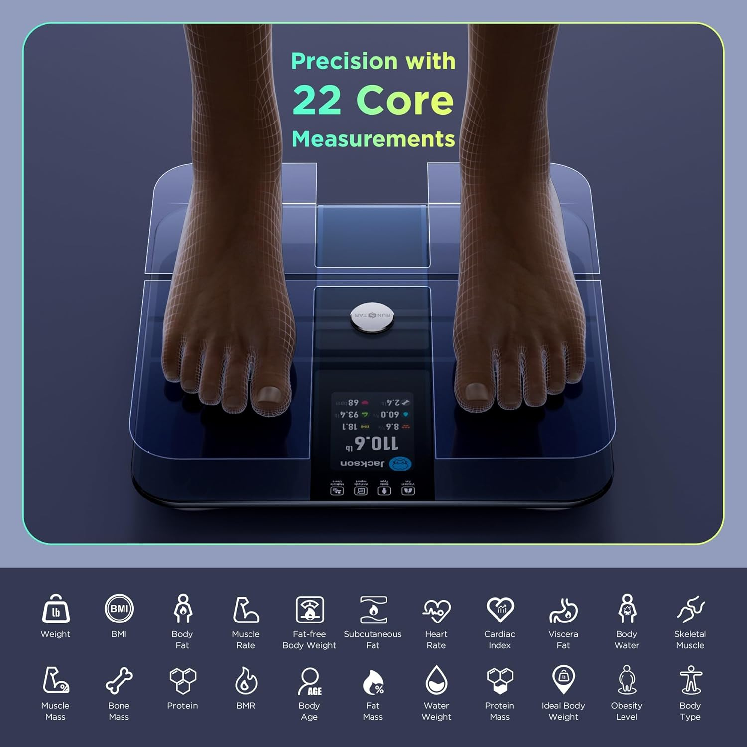 Runstar Smart Scale for Body Weight and Fat Percentage FSA HSA Eligible, 3.5" TFT Color Display High Precision Digital Bathroom Scale BMI Heart Rate 22 Body Composition Analyzer Sync with Fitness App