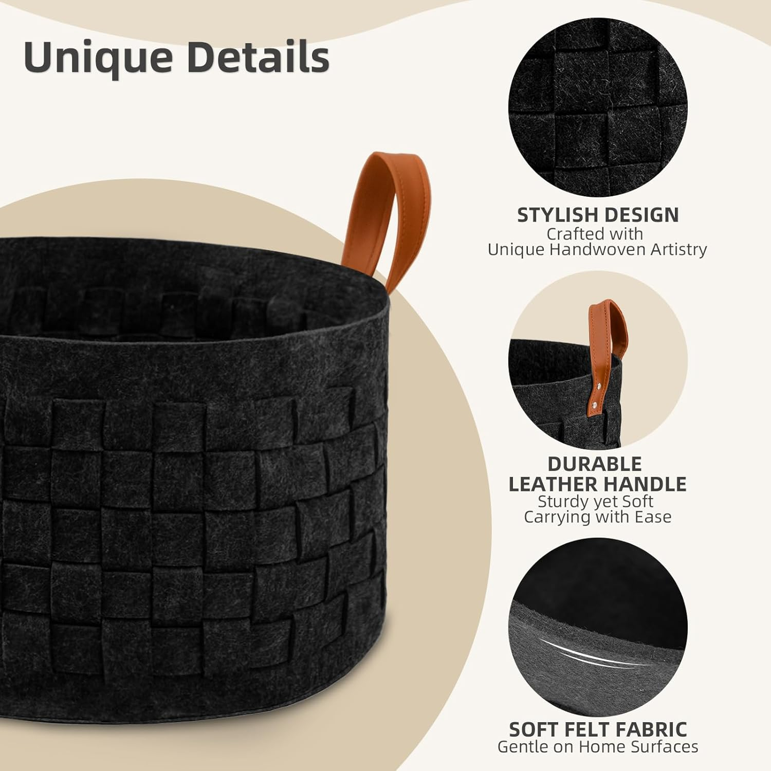 Laundry Basket 20" x20 x11.8, Large Round Blanket Basket with Leather Handle, Felt Storage Basket for Living Room, Nursery, Dog Toys-Dark Gray
