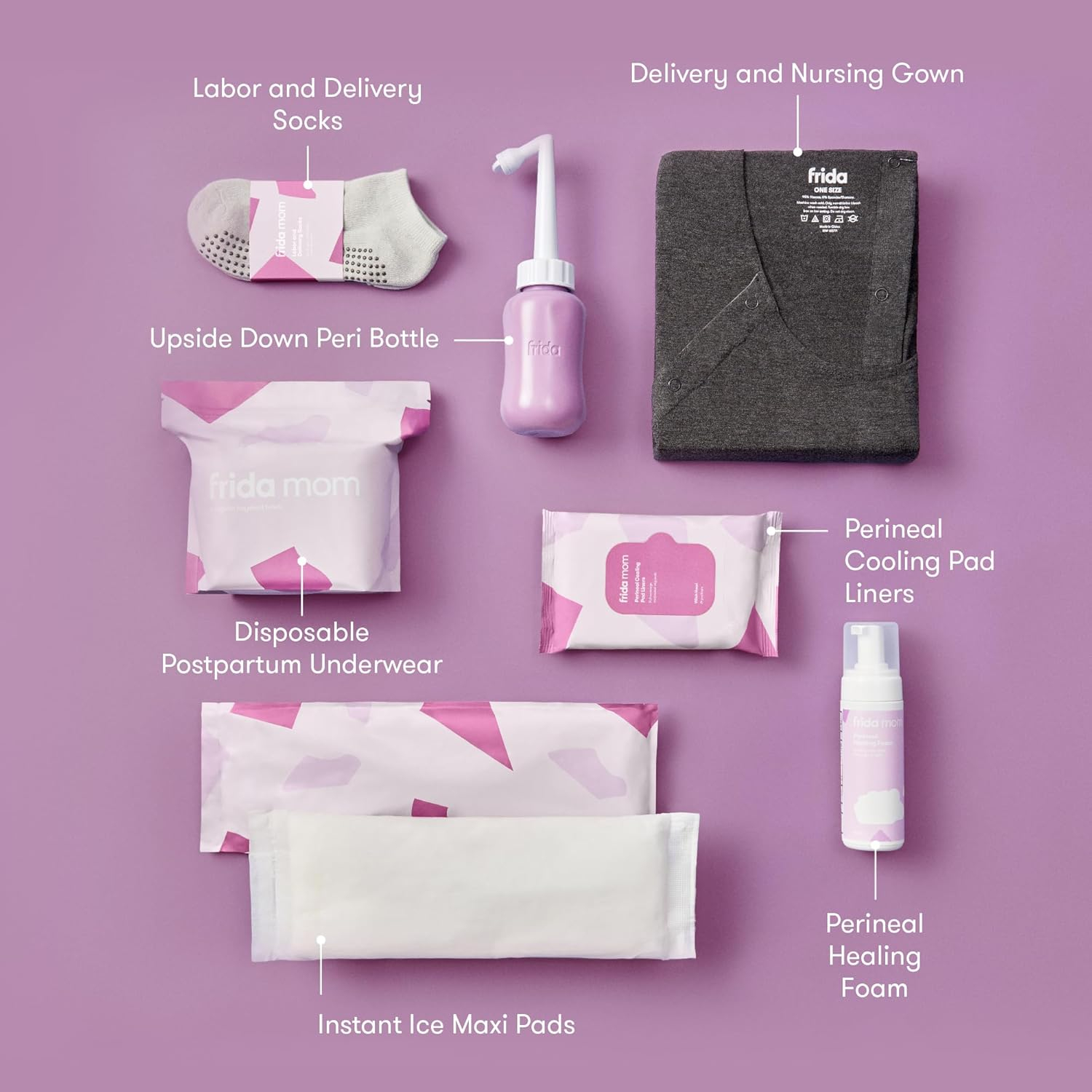 Frida Mom Labor, Delivery, and Postpartum Care Recovery Kit with Peri Bottle and Disposable Underwear for Women, 7 Count Gift Set