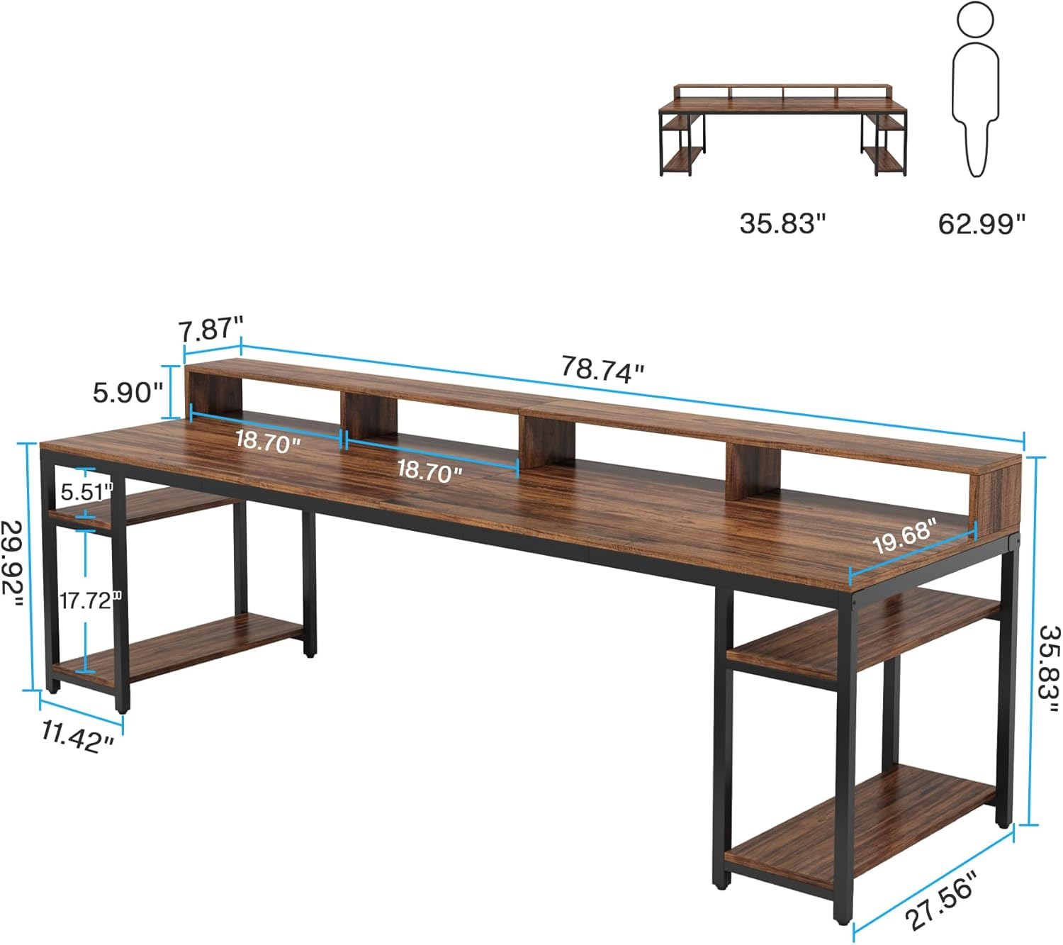 Tribesigns Two Person Desk with Monitor Stand, 78.74" Long Double Computer Office Desk with Storage Shelves, Large Gaming Study Writing Table Workstation for Home Office (Rustic Brown)