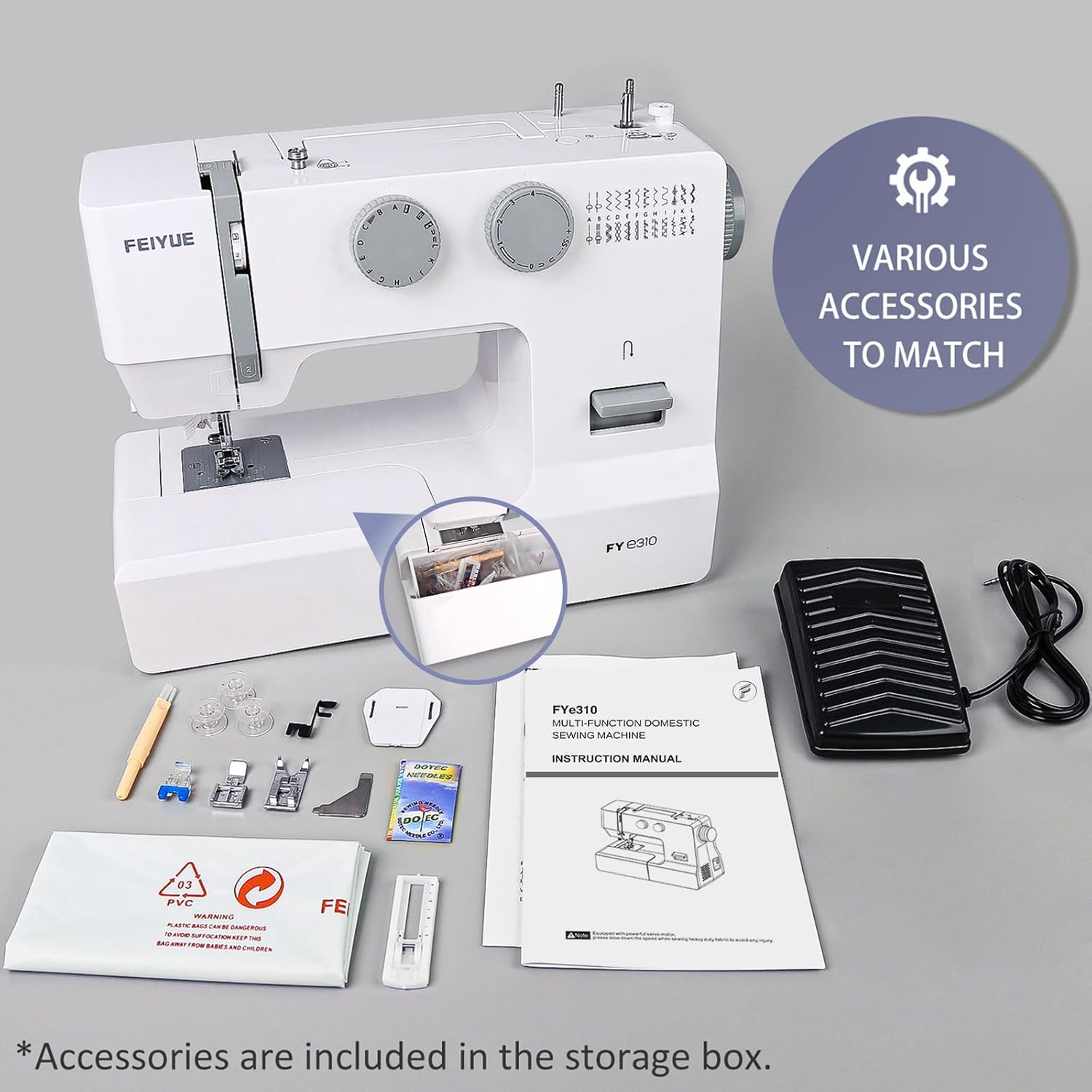 FEIYUE FYe310 Full Size Sewing Machine with Foot Pedal, Heavy Duty & Portable, Powerful Servo Motor, 25 Built-in Stitches, 6 Bobbins & 5 Included Sewing Feet (White)