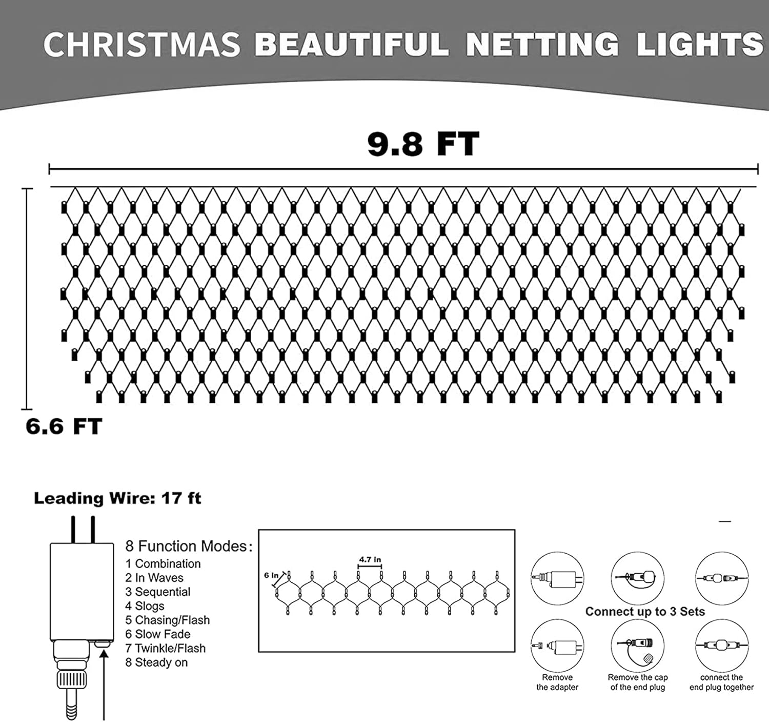 Dazzle Bright Christmas 200 LED Net Lights, 9.8 FT x 6.6 FT Connectable Mesh Lights with 8 Lighting Modes, Christmas Decorations for Indoor Outdoor Bush Yard Garden Decor (Multi-Colored)