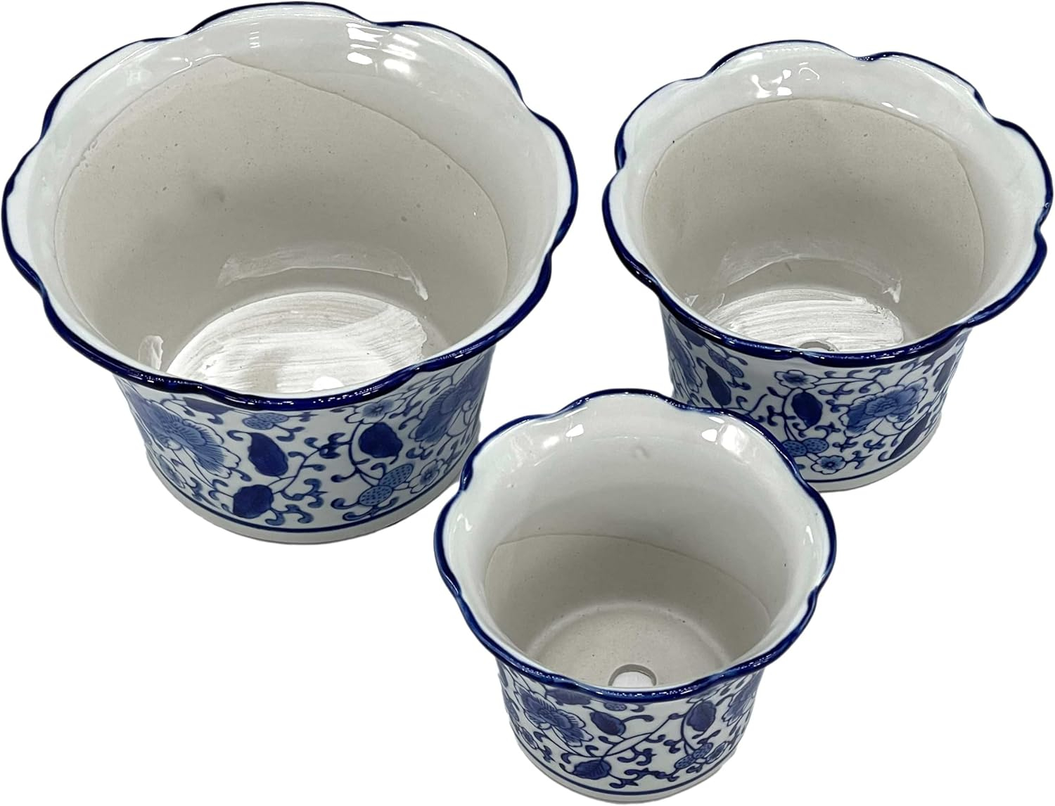 Set of 3 Blue & White Floral Ceramic Pots Ruffled Lip