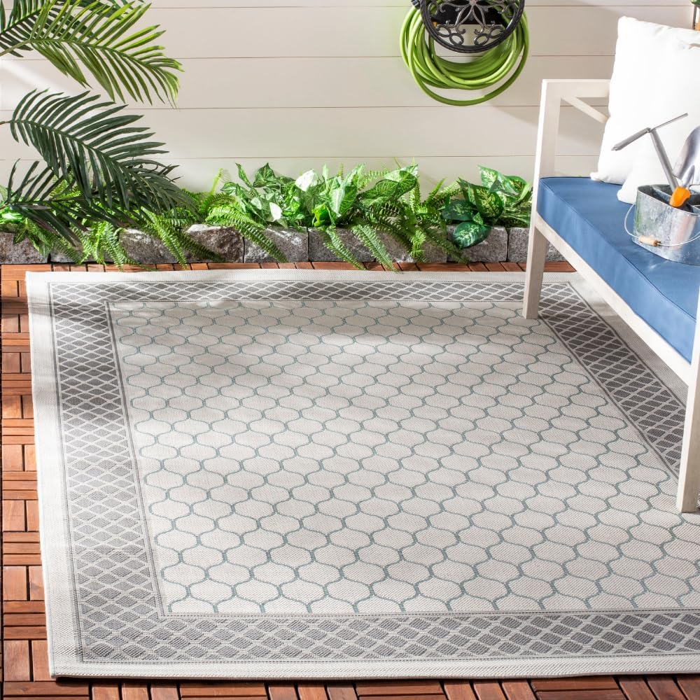 SAFAVIEH Courtyard Noelle Bordered Indoor/Outdoor Area Rug, Light Grey/Anthracite, 5'3" x 7'7"