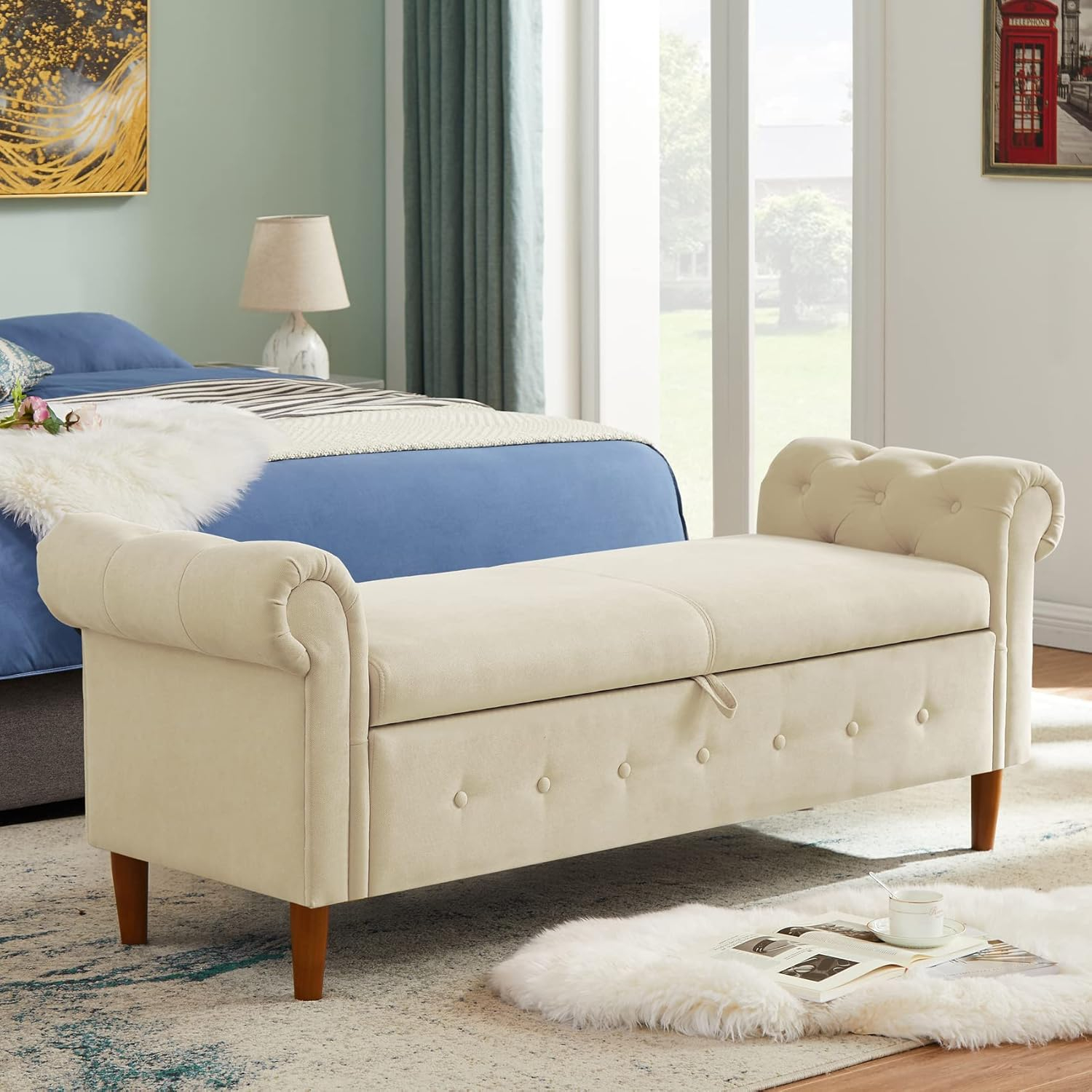 Aoowow 63" Storage Bench for Bedroom End of Bed Rolled Armed Velvet Fabric Ottoman Couch Long Bench Window Sitting Fireplace Toy Storage Bench,Beige