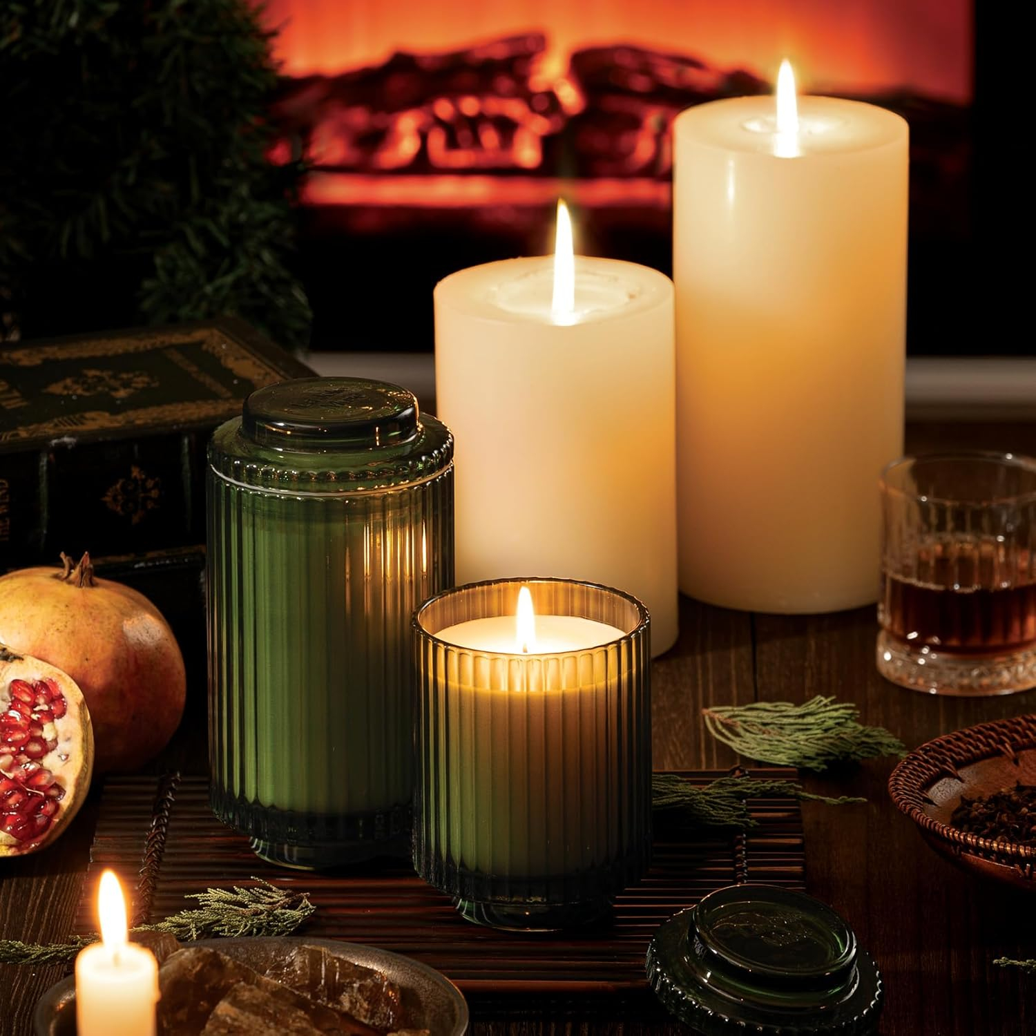 Pomegranate & Pine Green Ribbed Glass Soy Candle, 11oz
