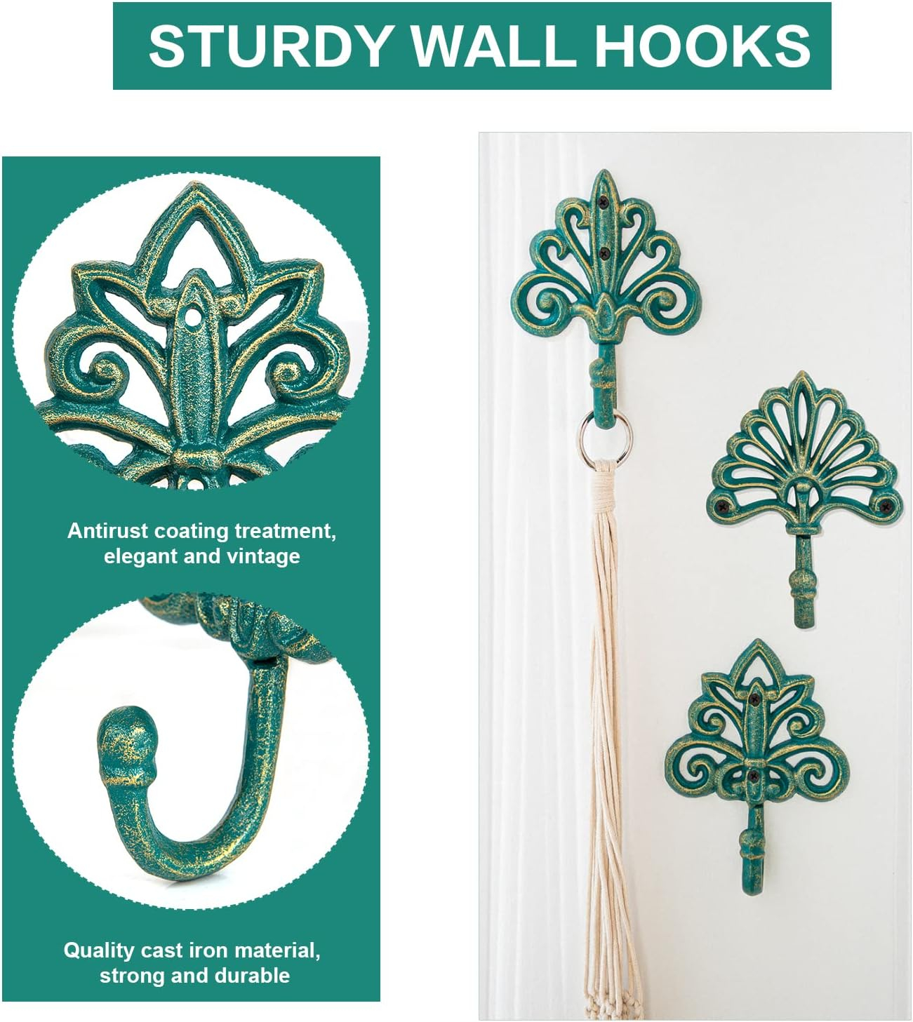 Antique Green Cast Iron Decorative Wall Hooks Set of 3