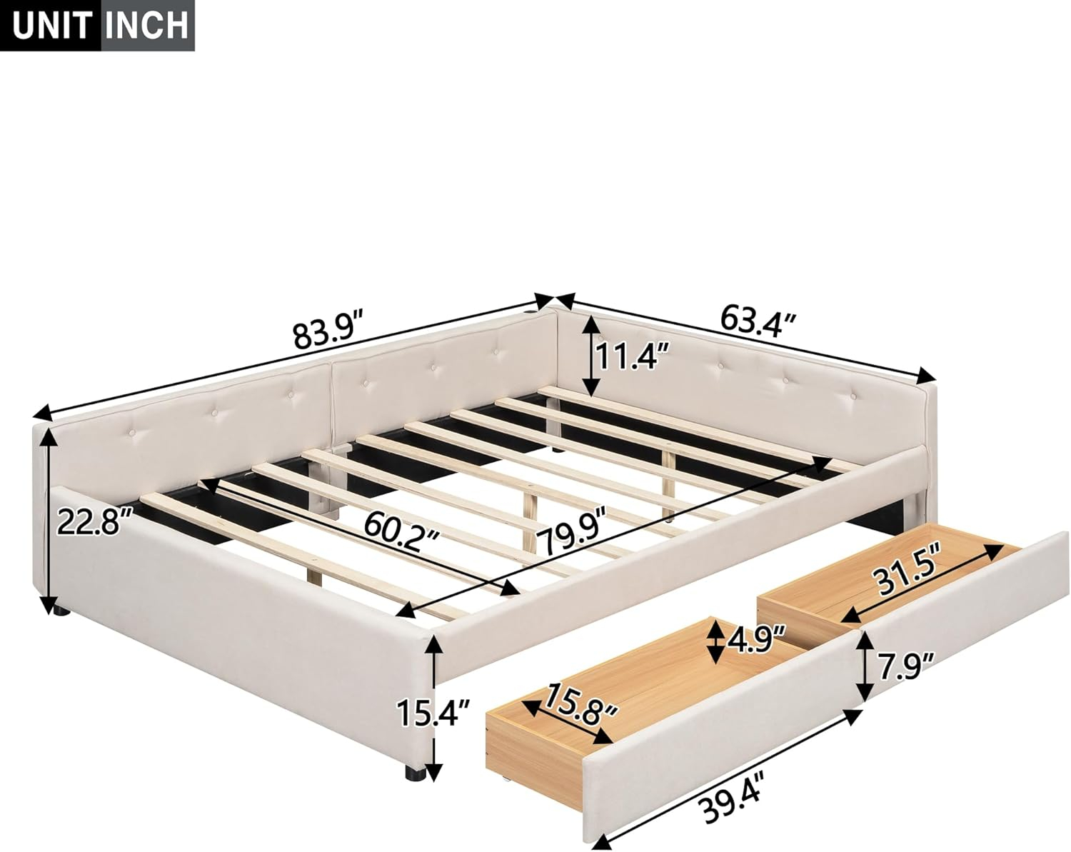 DreamBuck Queen Size Daybed with 2 Drawers, Wood Upholstered Bed Frame with USB Port and Storage, Linen Fabric Daybed, Queen Bed Frames for Bedroom, Living Room, No Box Spring Needed