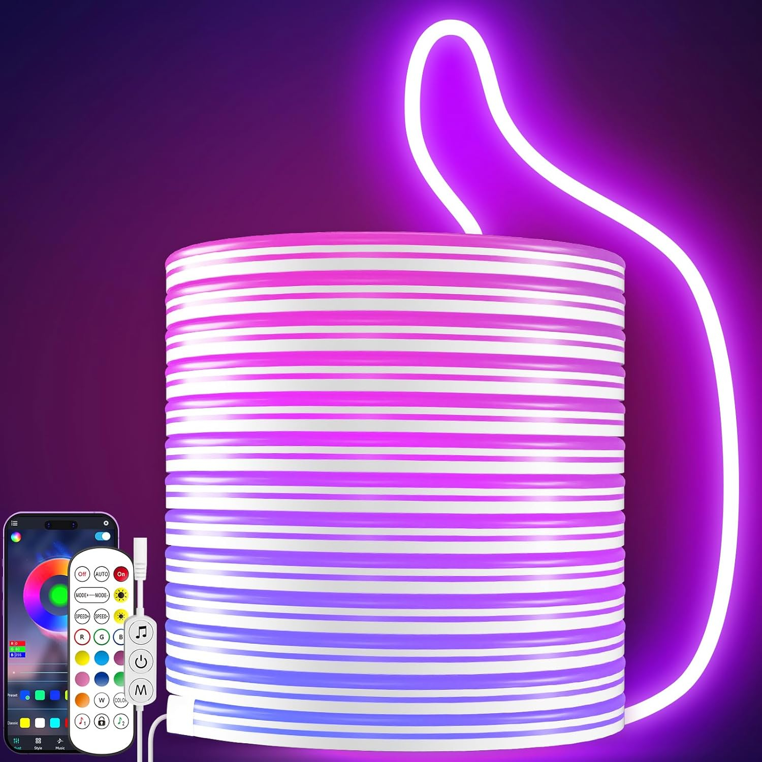 LED Neon Rope Lights, 16.4ft RGB LED Light Strip, 24V Music Sync App/Remote Control DIY Rope Light, IP67 Waterproof Gaming LED Neon Strip Lights for Bedroom Indoor Oudoor Décor