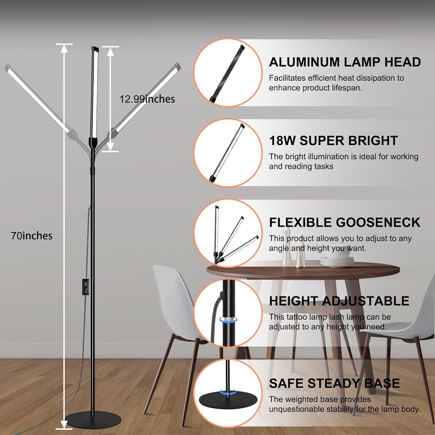 LED Floor Lamp for Reading Floor Lamp for Home Office Lash Light Tattoo Light Standing Lamp for Bedroom Task Craft Sewing Nail Lights